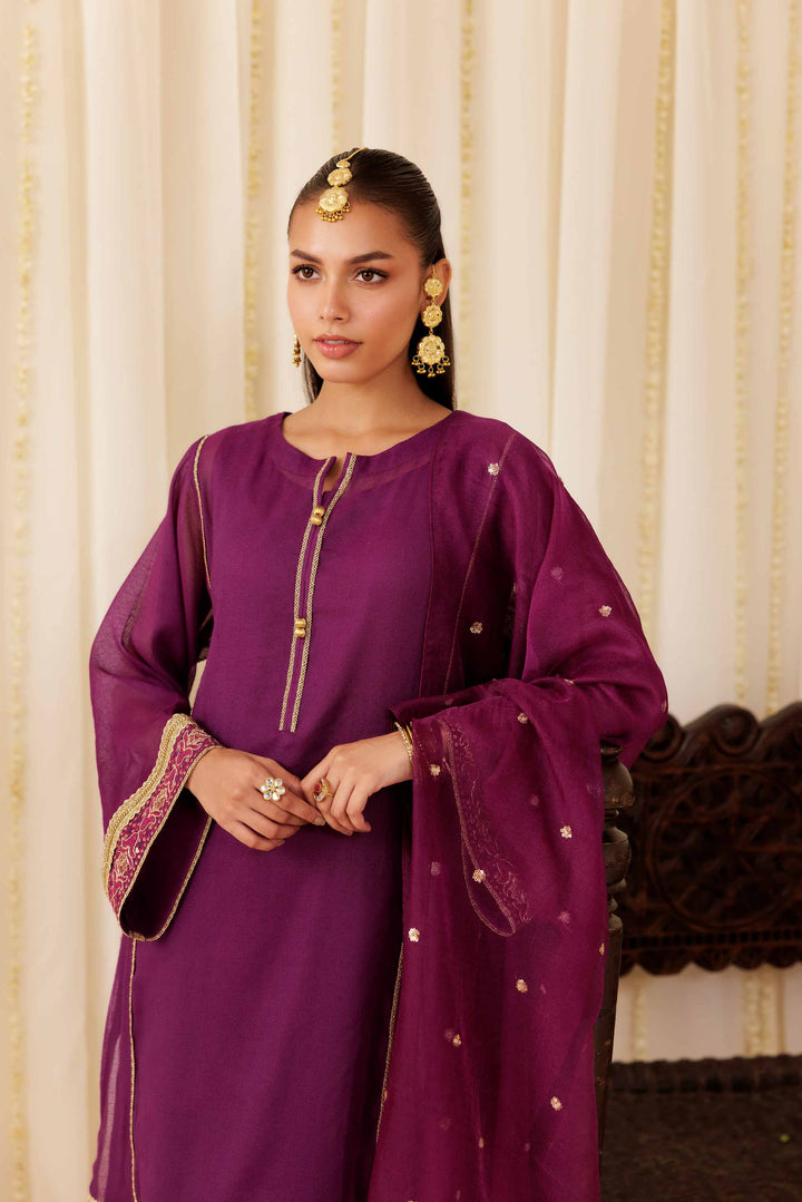 NISHATUAE - Purple Embroidered Cotton 3-piece Ready to wear Suit