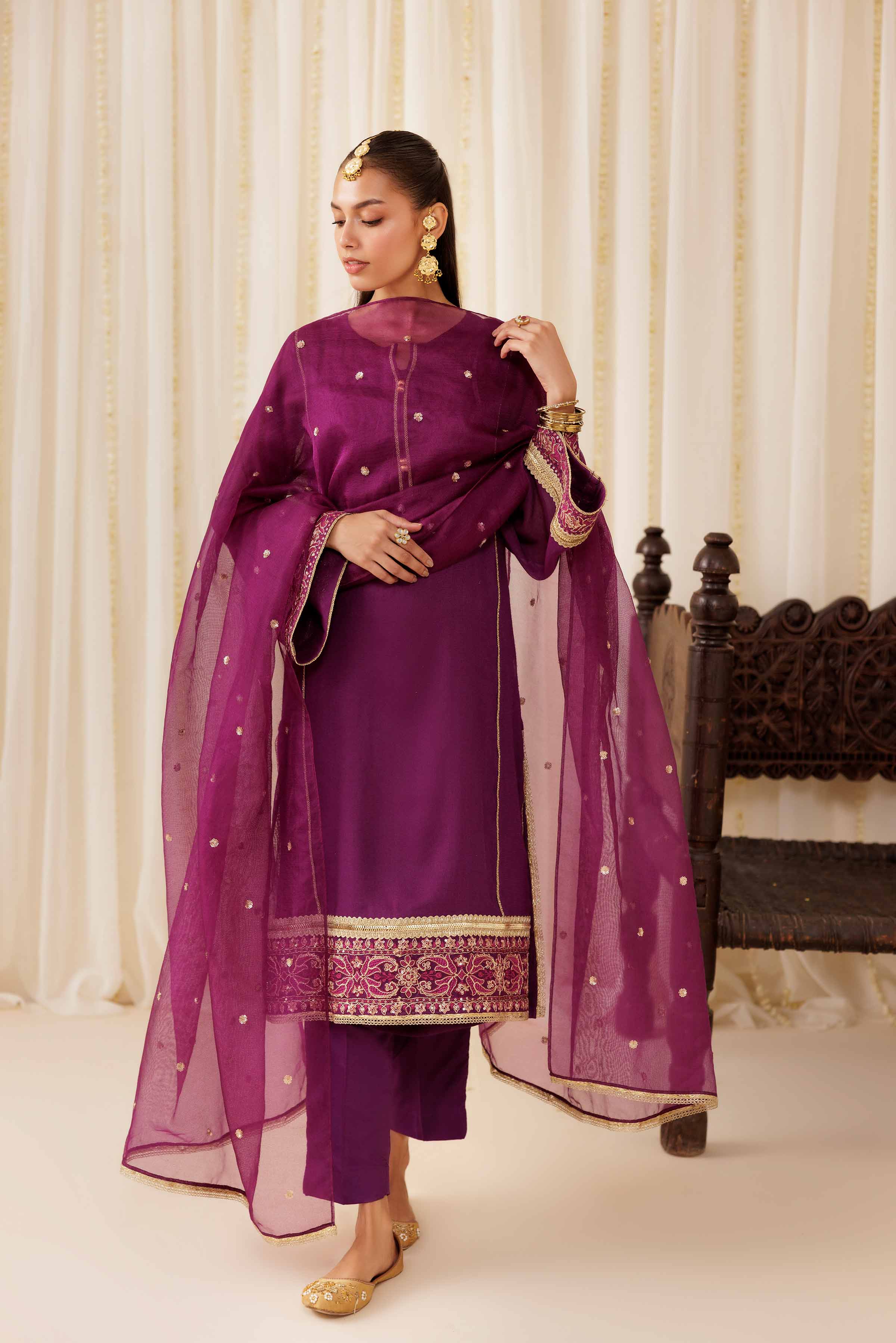 NISHATUAE - Purple Embroidered Cotton 3-piece Ready to wear Suit