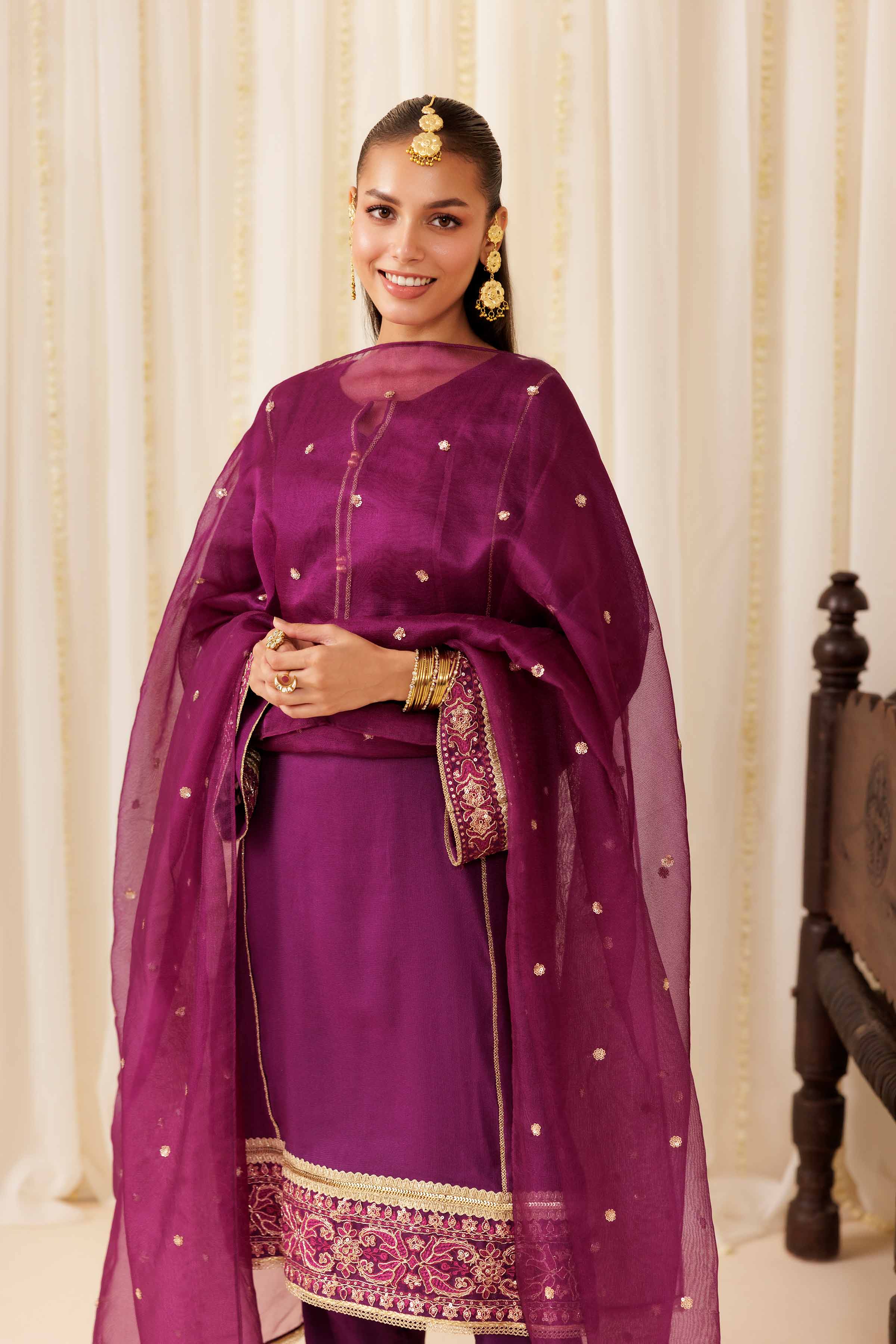 NISHATUAE - Purple Embroidered Cotton 3-piece Ready to wear Suit