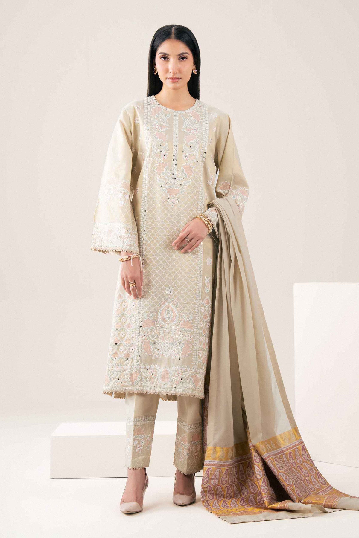 Ivory 3-Piece Embroidered Suit in Yarn Dyed ready-to-wear