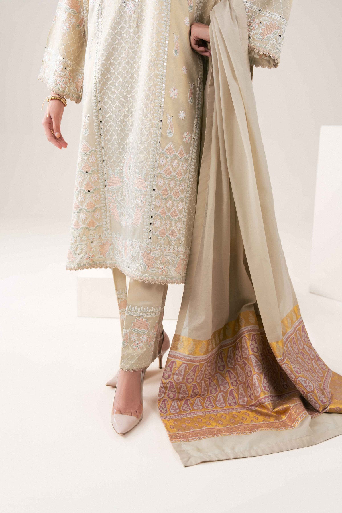 Ivory 3-Piece Embroidered Suit in Yarn Dyed ready-to-wear