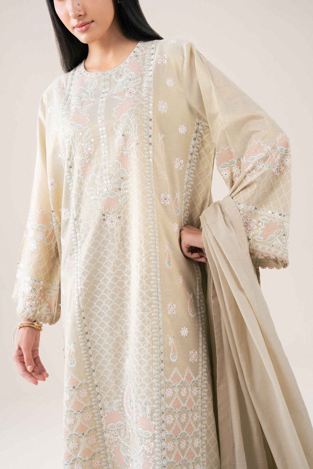 Ivory 3-Piece Embroidered Suit in Yarn Dyed ready-to-wear