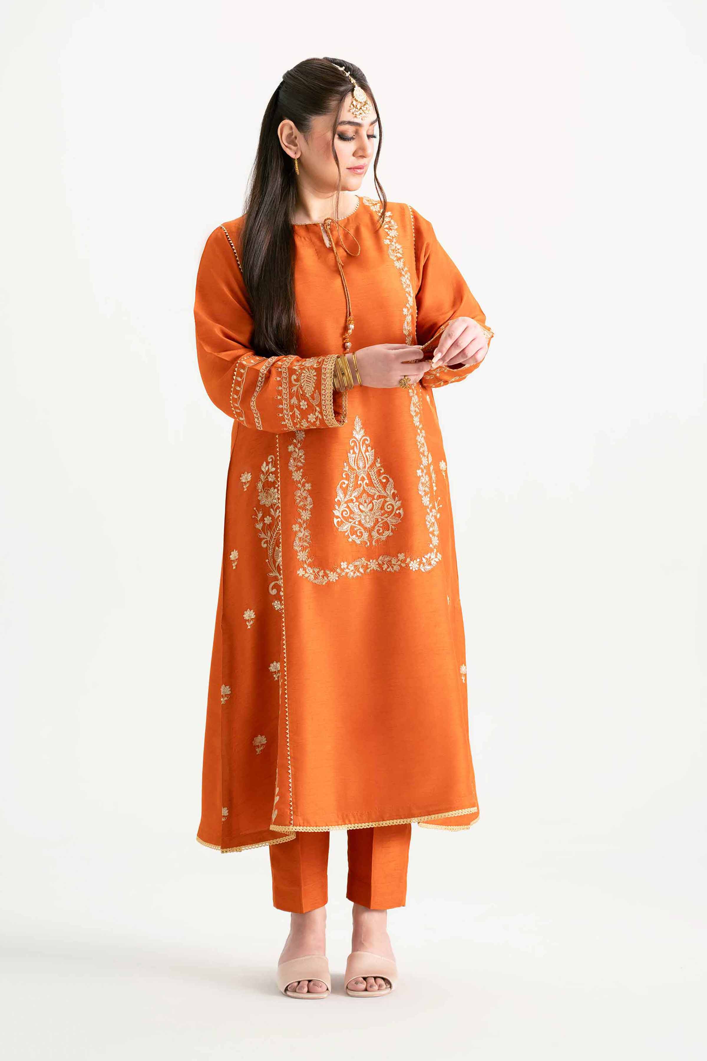 NISHATUAE - Orange Embroidered Raw Silk 2-piece Ready to wear Dress