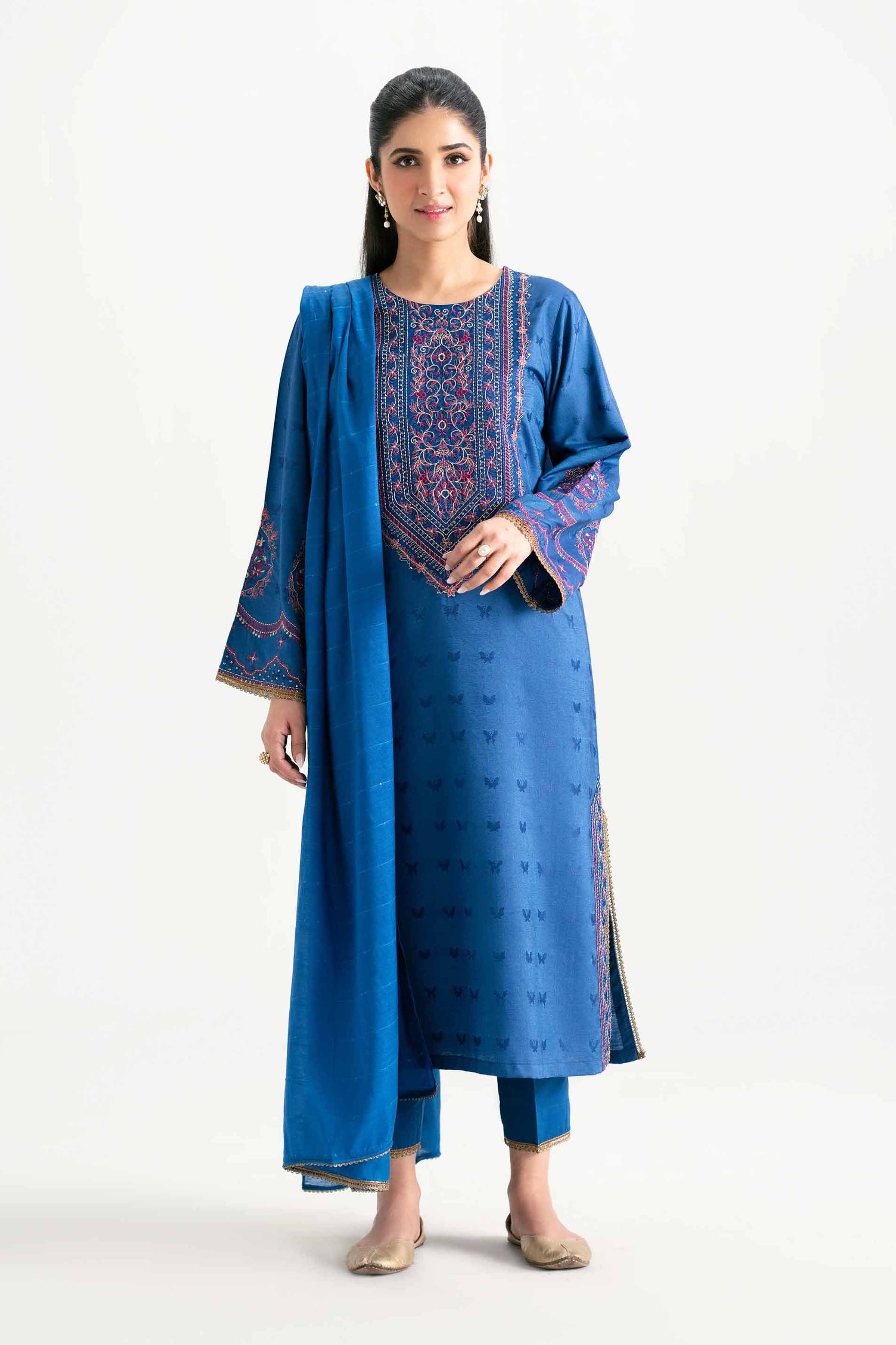 NISHATUAE - Blue Embroidered Jacquard 3-piece Ready to wear Suit
