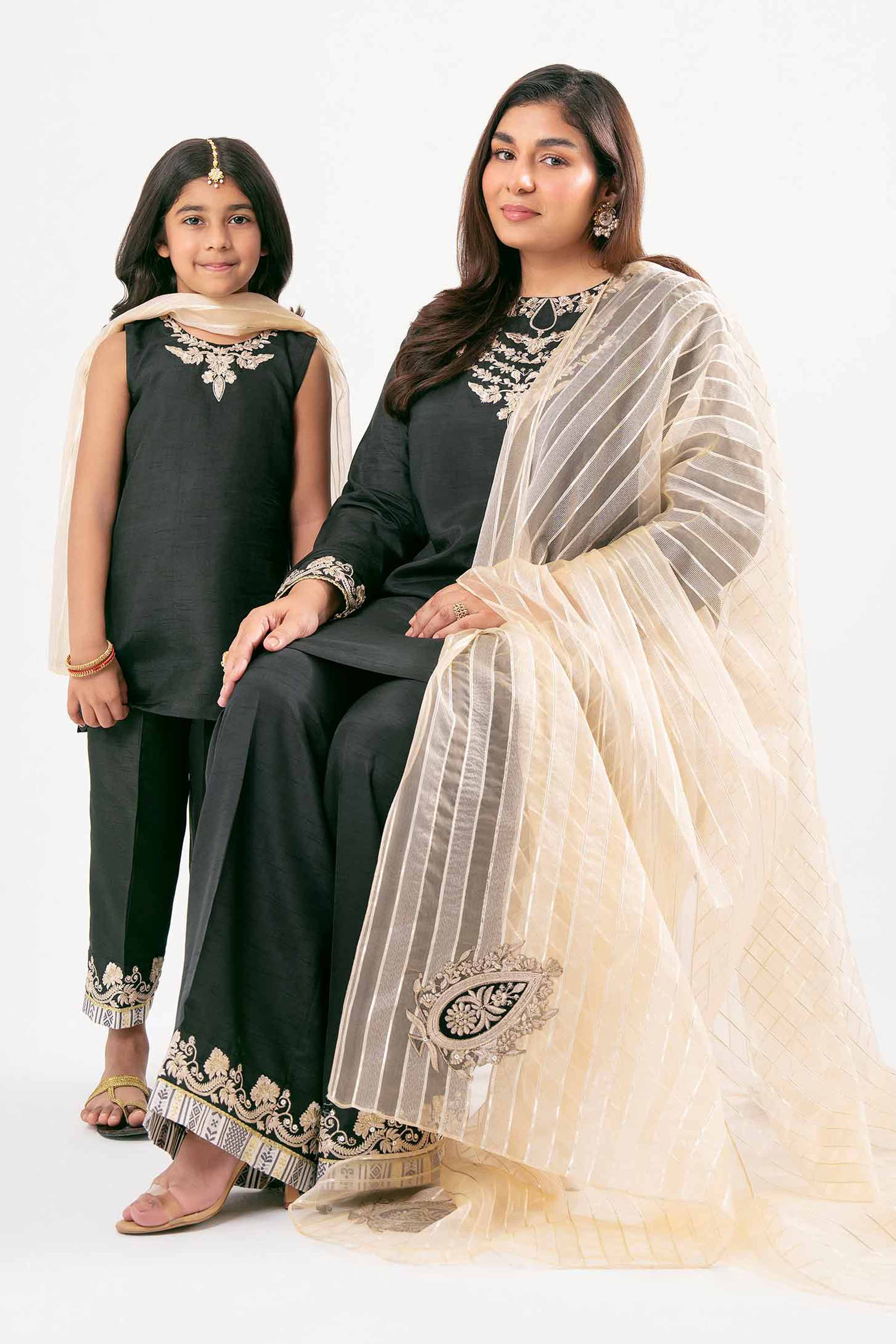 NISHATUAE - Black Embroidered Raw Silk 3-piece Ready to wear Suit