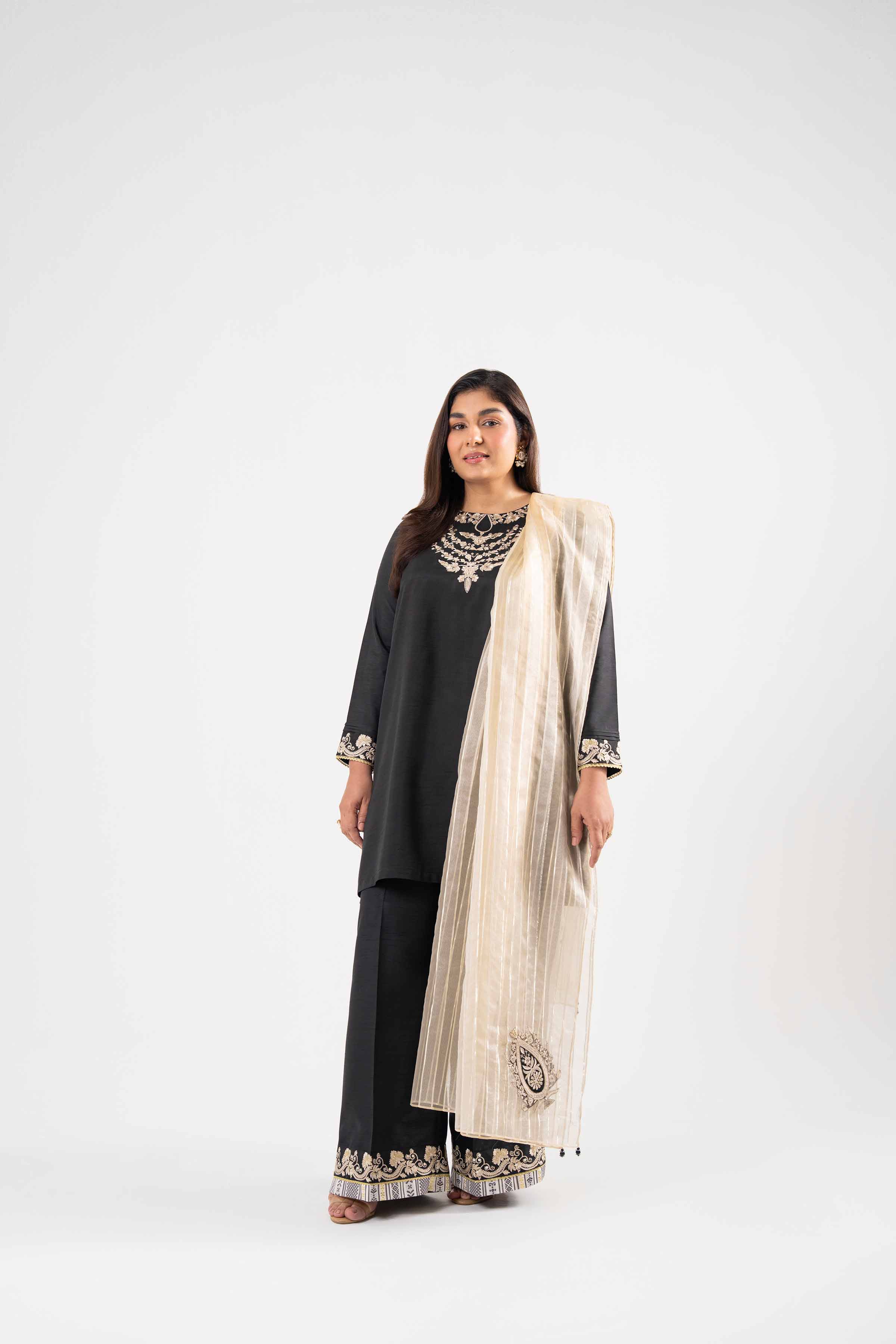 NISHATUAE - Black Embroidered Raw Silk 3-piece Ready to wear Suit