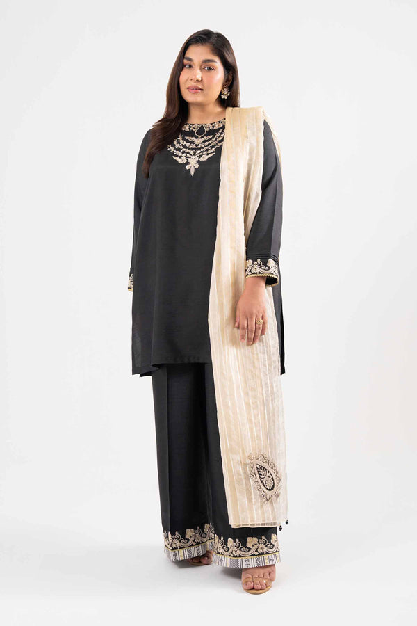 NISHATUAE - Black Embroidered Raw Silk 3-piece Ready to wear Suit
