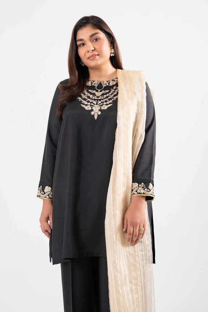 NISHATUAE - Black Embroidered Raw Silk 3-piece Ready to wear Suit