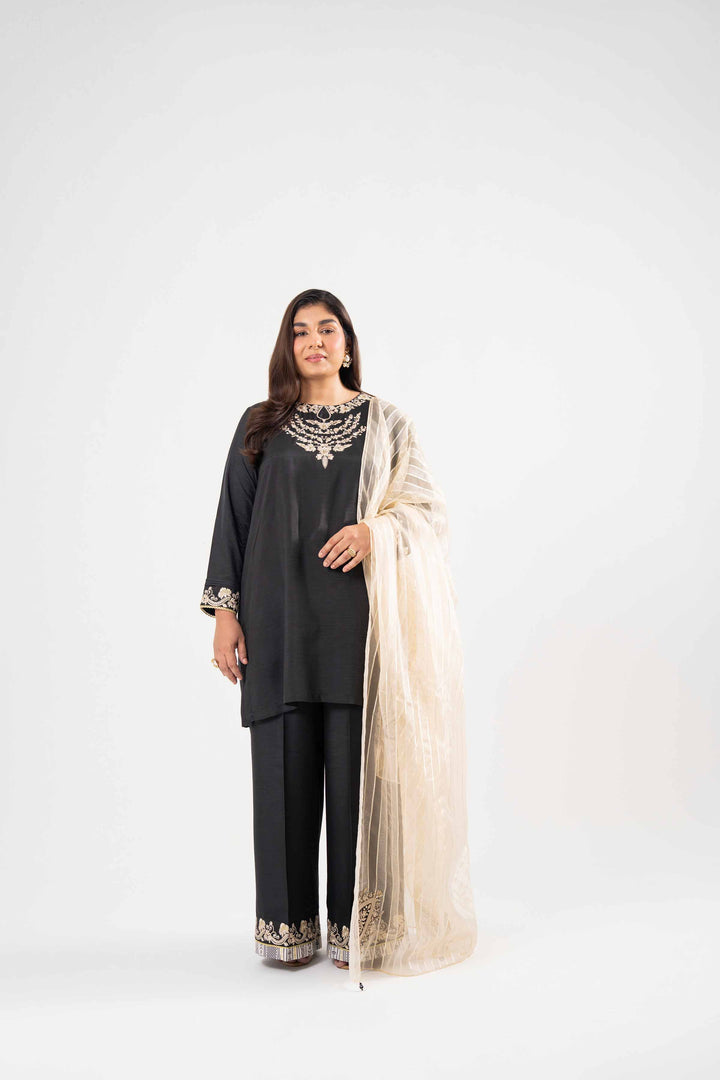 NISHATUAE - Black Embroidered Raw Silk 3-piece Ready to wear Suit