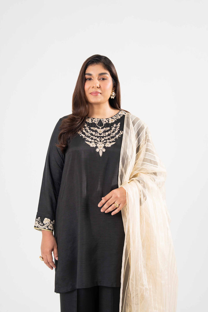 NISHATUAE - Black Embroidered Raw Silk 3-piece Ready to wear Suit