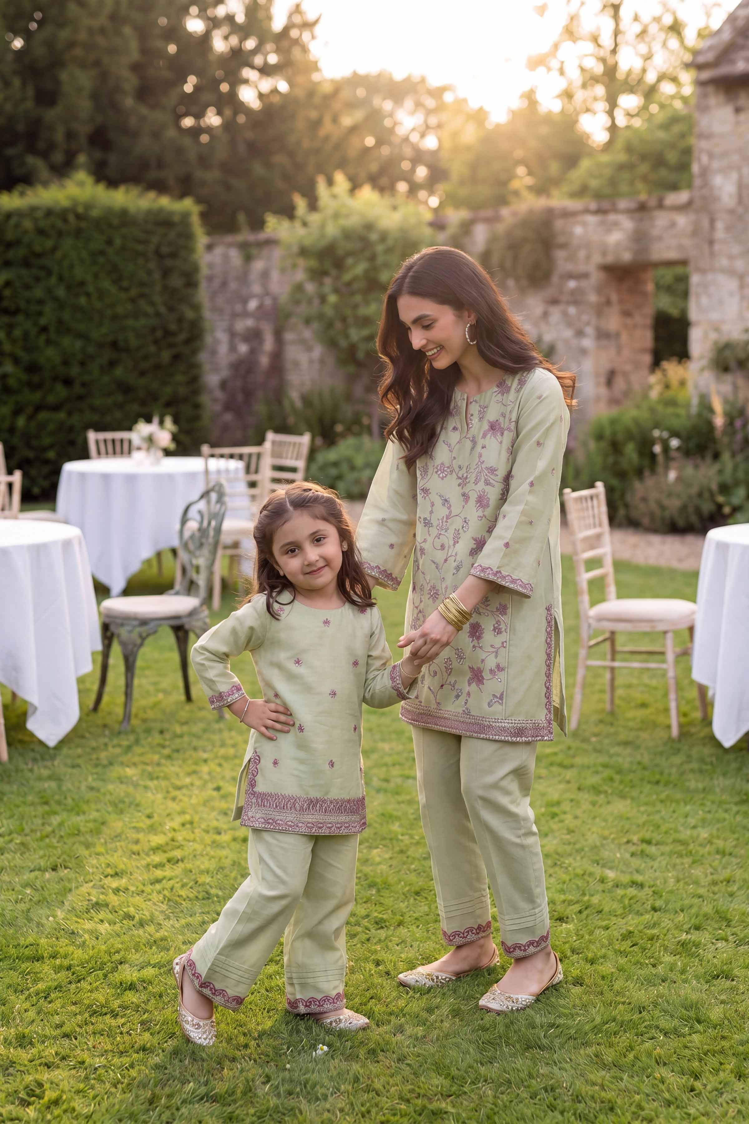 2 Piece - Embroidered Suit - PMD26-17 M Green Cotton 2PC Embroidered READY TO WEAR