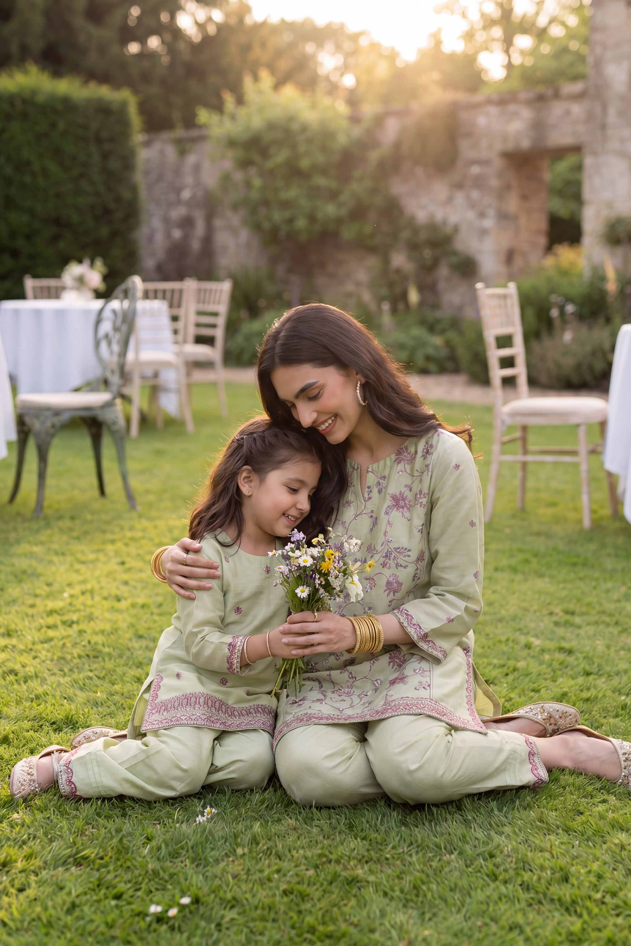 2 Piece - Embroidered Suit - PMD26-17 M Green Cotton 2PC Embroidered READY TO WEAR