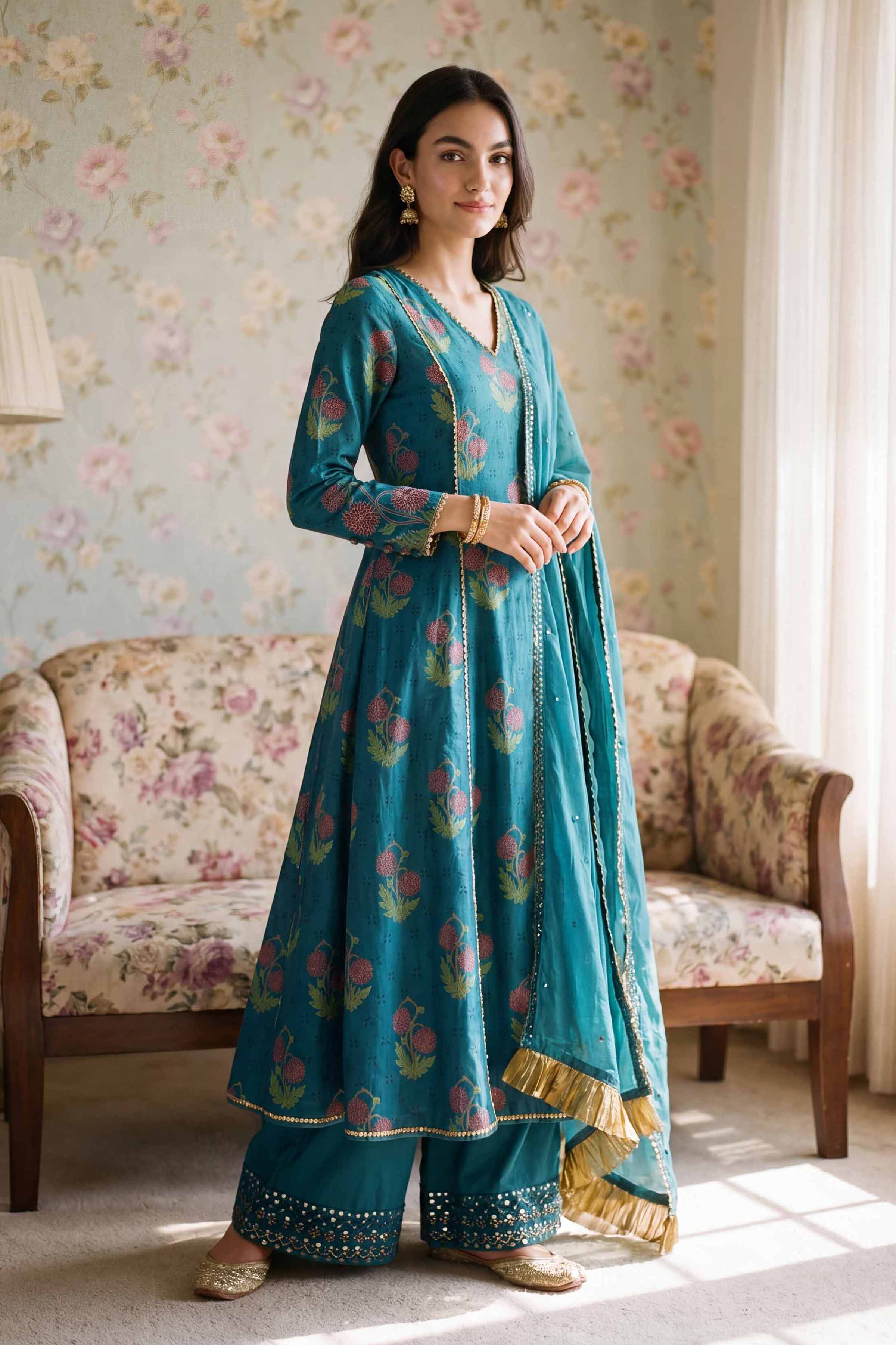 3 Piece - Embroidered Suit - PMD26-40 M Blue Lawn  Embroidered A-Line shirt