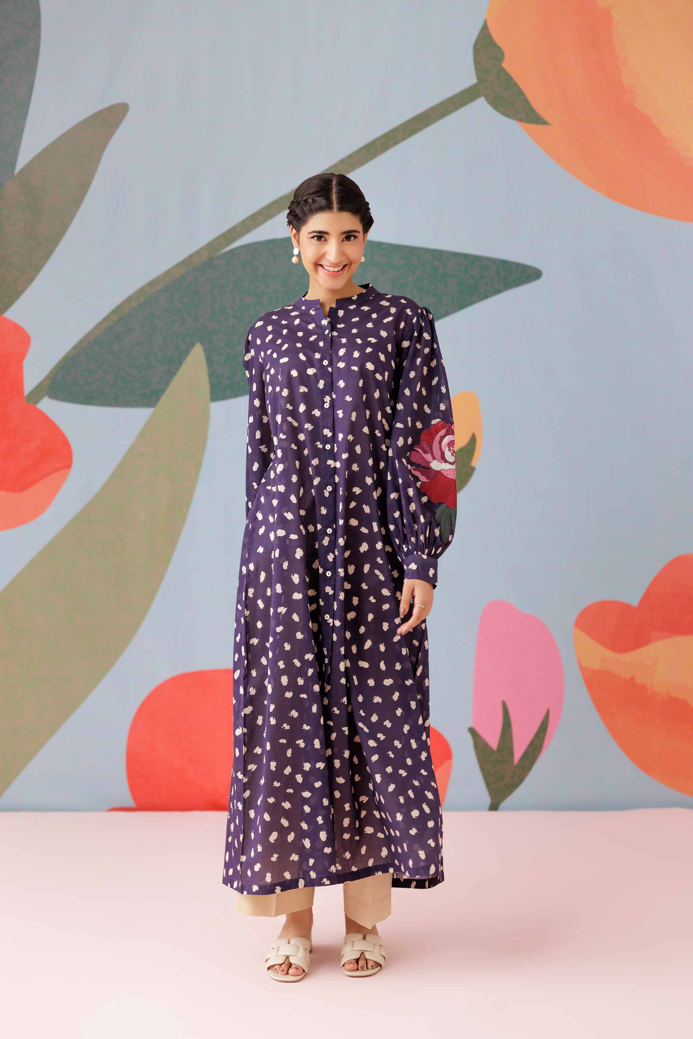 Printed Embroidered Dress - PS25-187