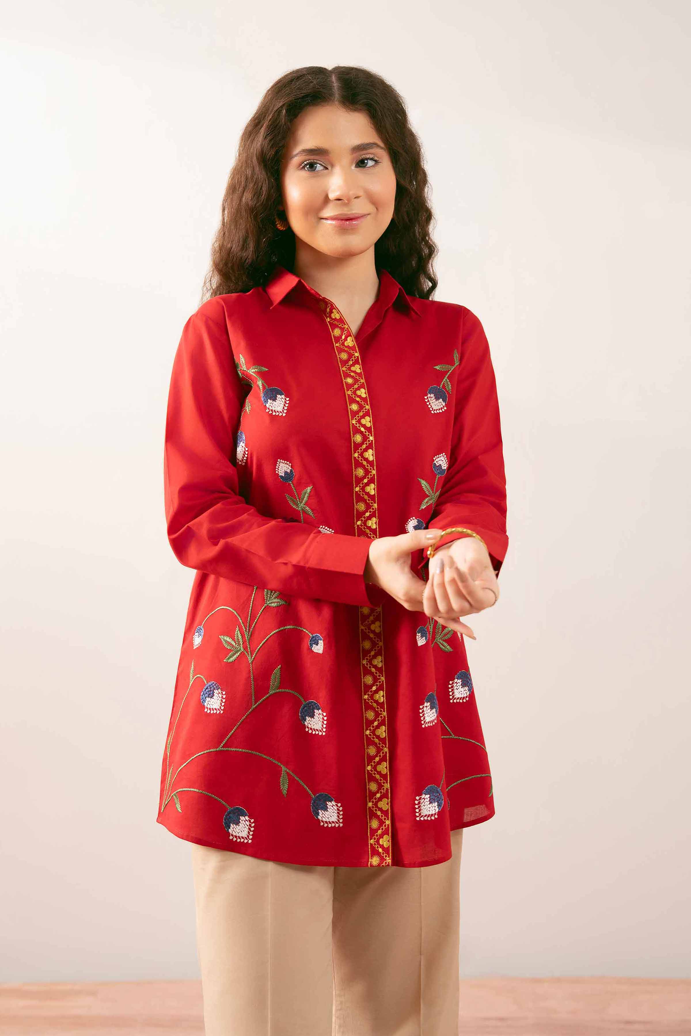NISHATUAE - Red Embroidered Cambric Ready to wear Tunic