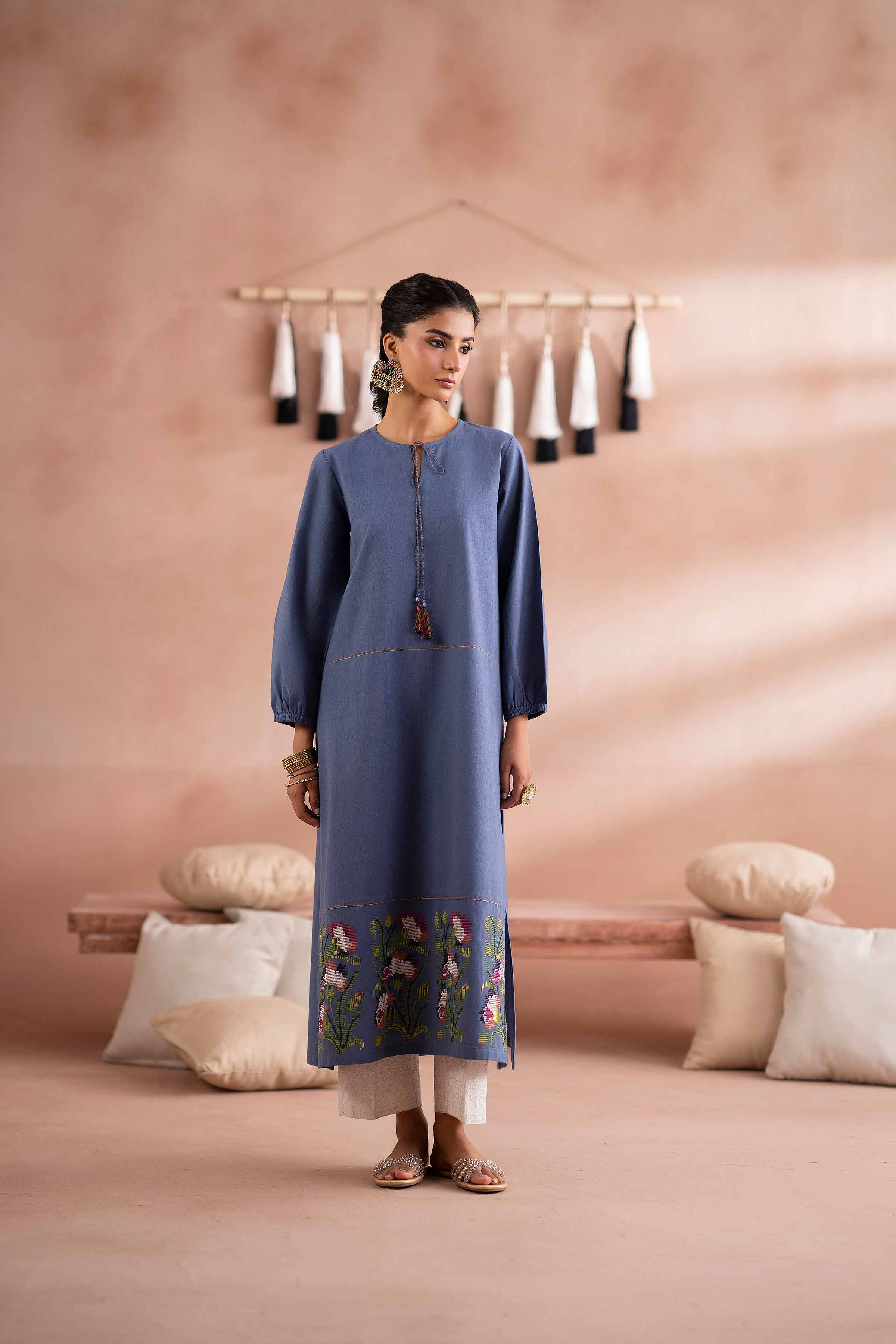 NISHATUAE - Blue Embroidered Cambric Ready to wear Shirt