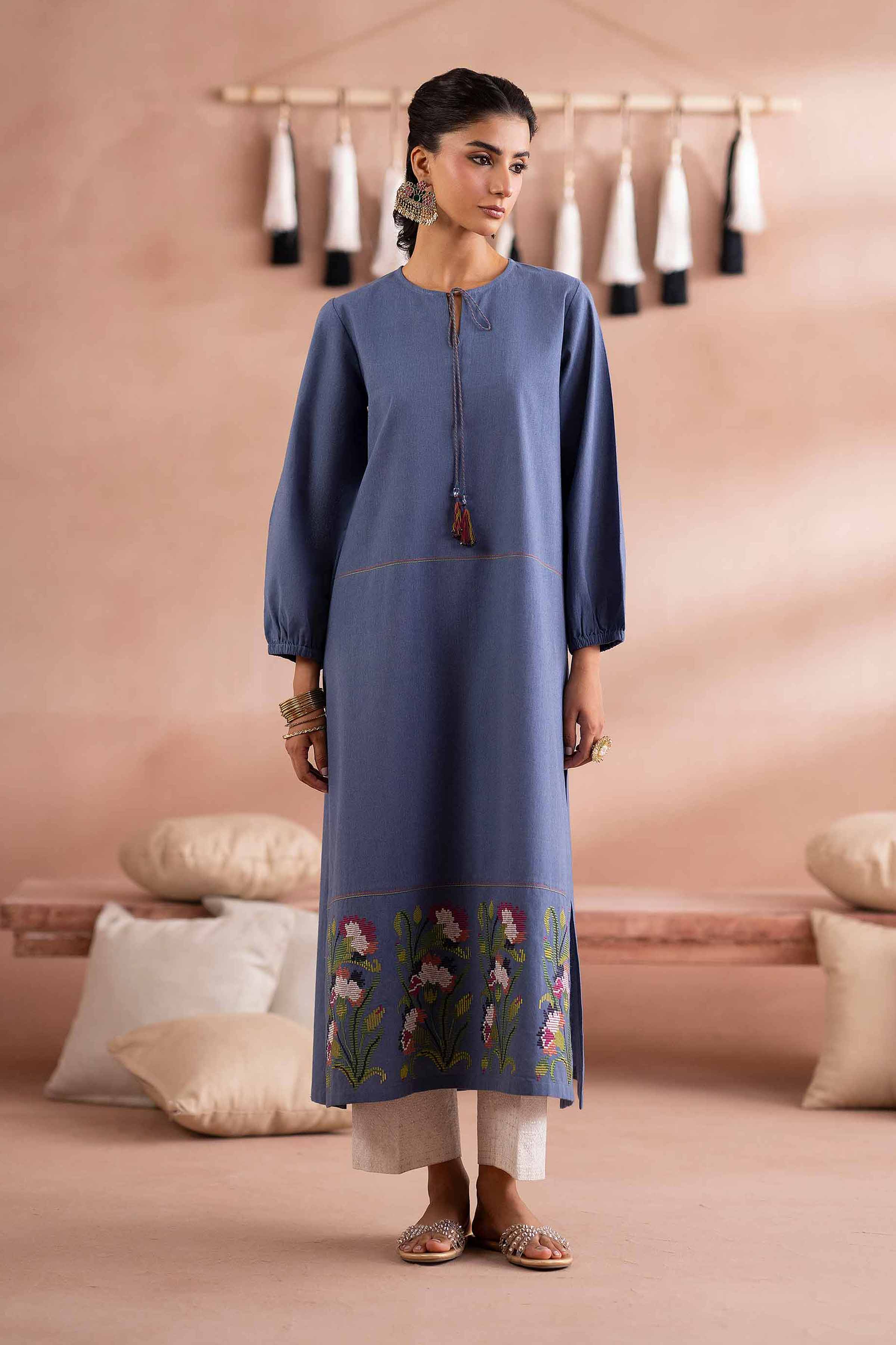 NISHATUAE - Blue Embroidered Cambric Ready to wear Shirt