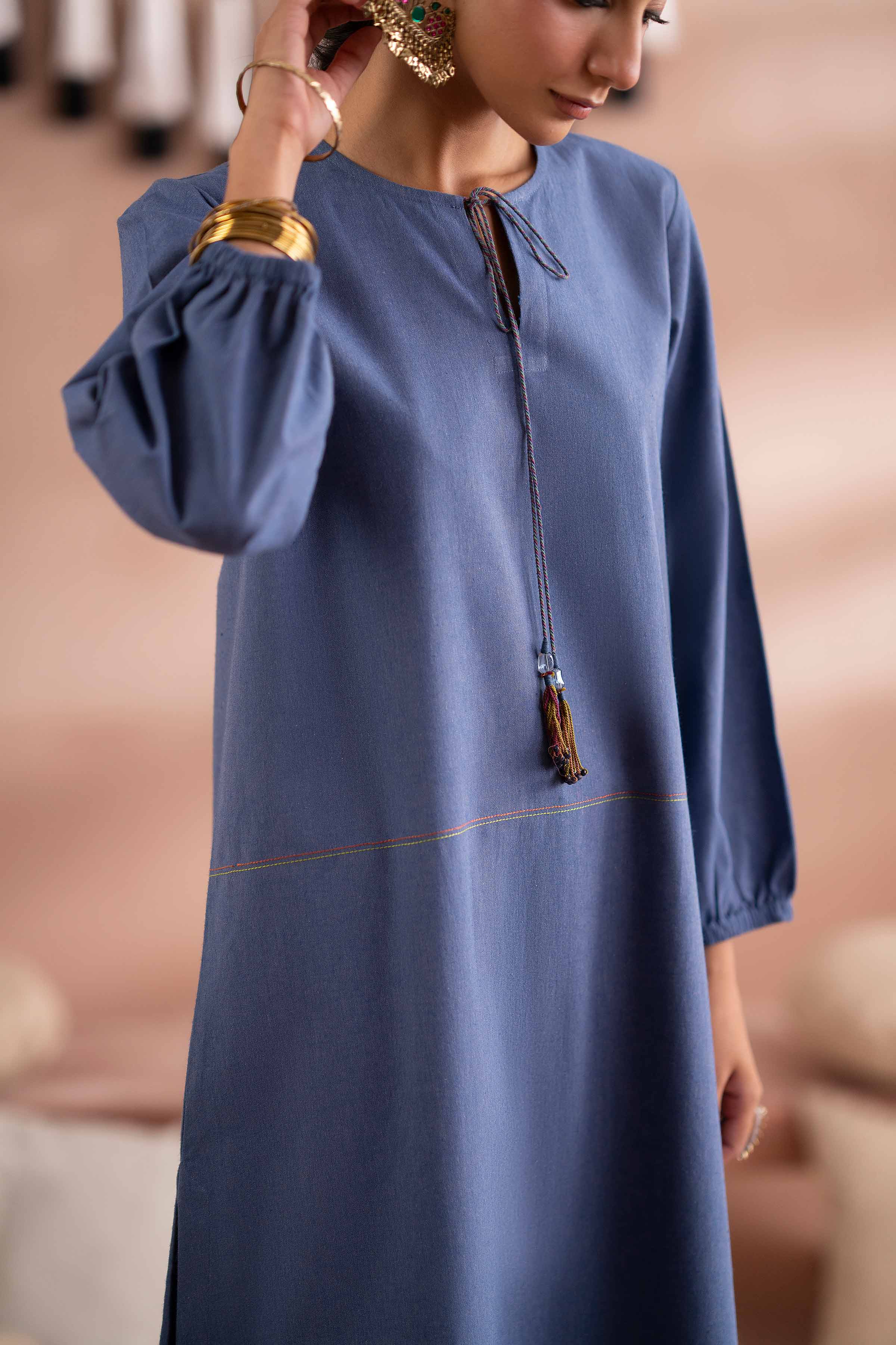 NISHATUAE - Blue Embroidered Cambric Ready to wear Shirt