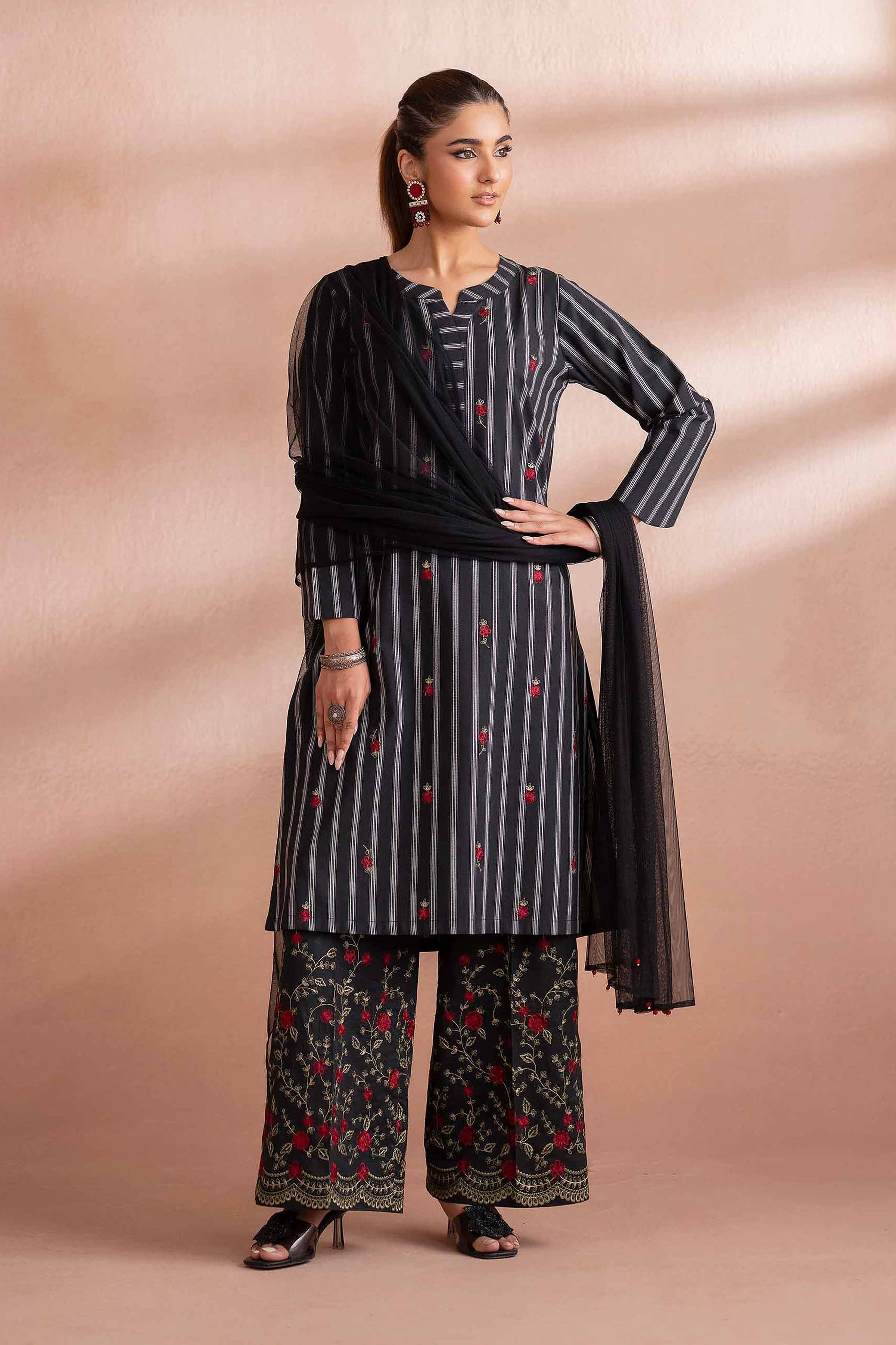 NISHATUAE - Black Embroidered Yarn Dyed 3-piece Ready to wear Suit