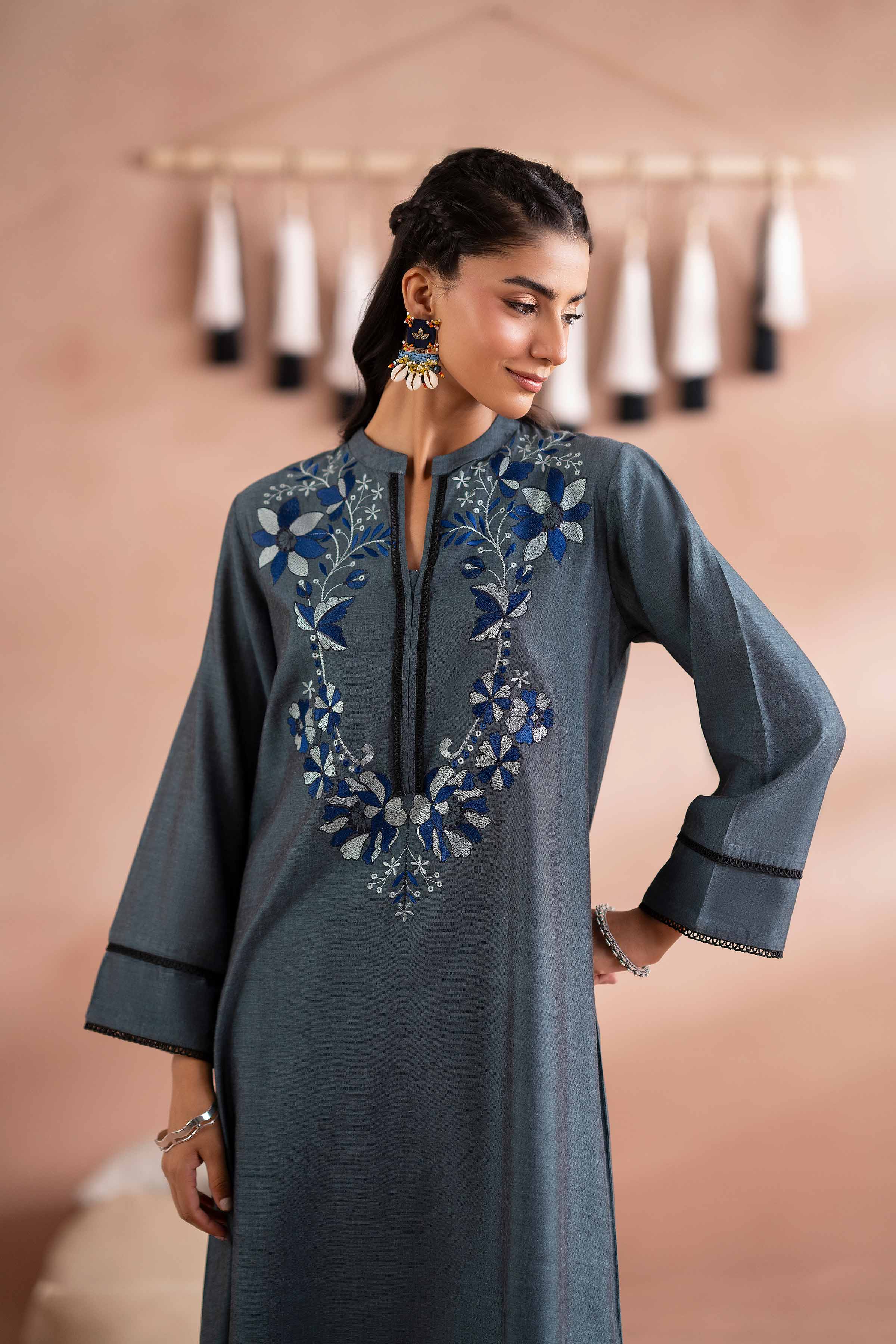 NISHATUAE - Blue Embroidered Yarn Dyed 2-piece Ready to wear Dress