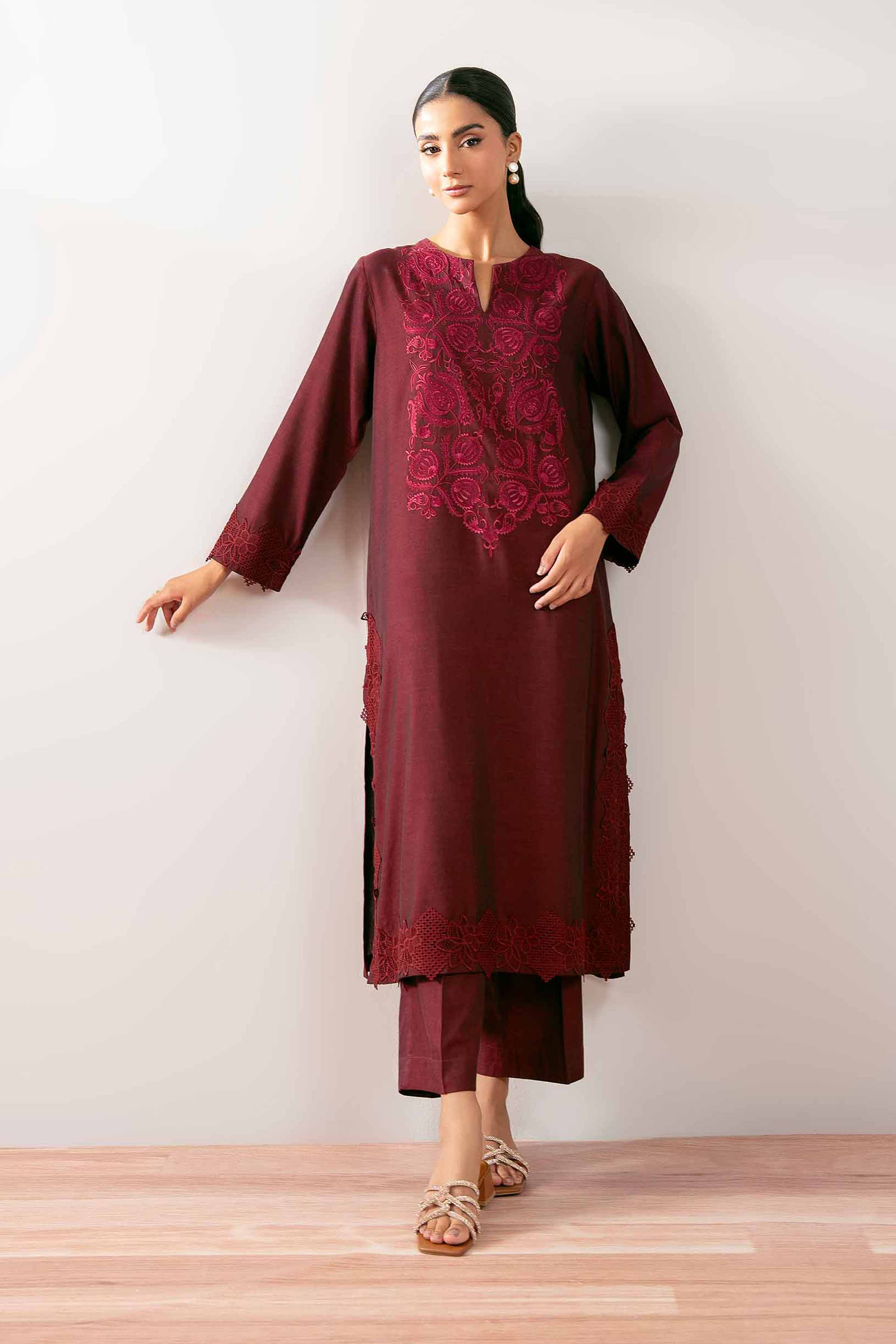 NISHATUAE - Red Embroidered Yarn Dyed 2-piece Ready to wear Dress
