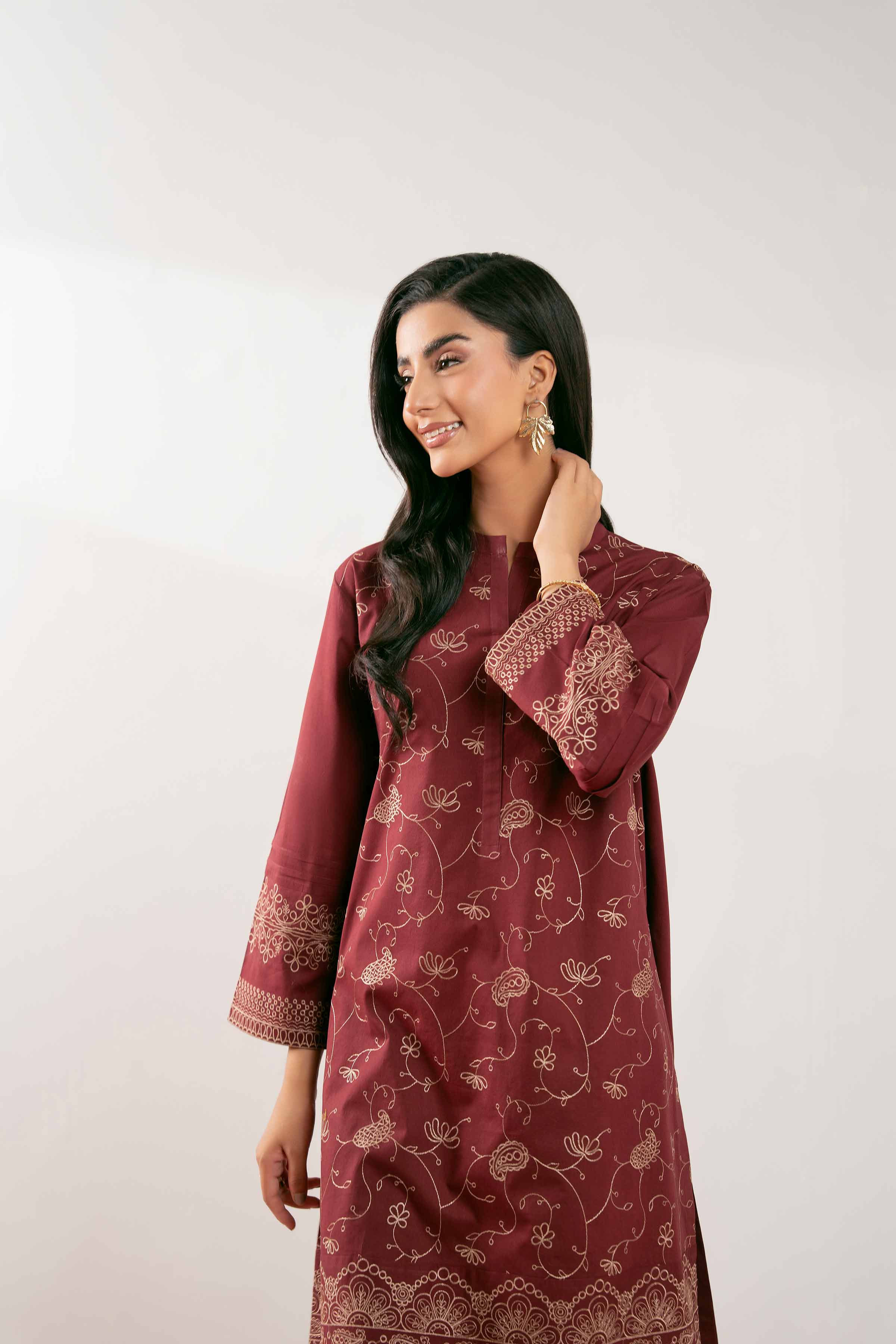 NISHATUAE - Red Embroidered Cambric Ready to wear Shirt