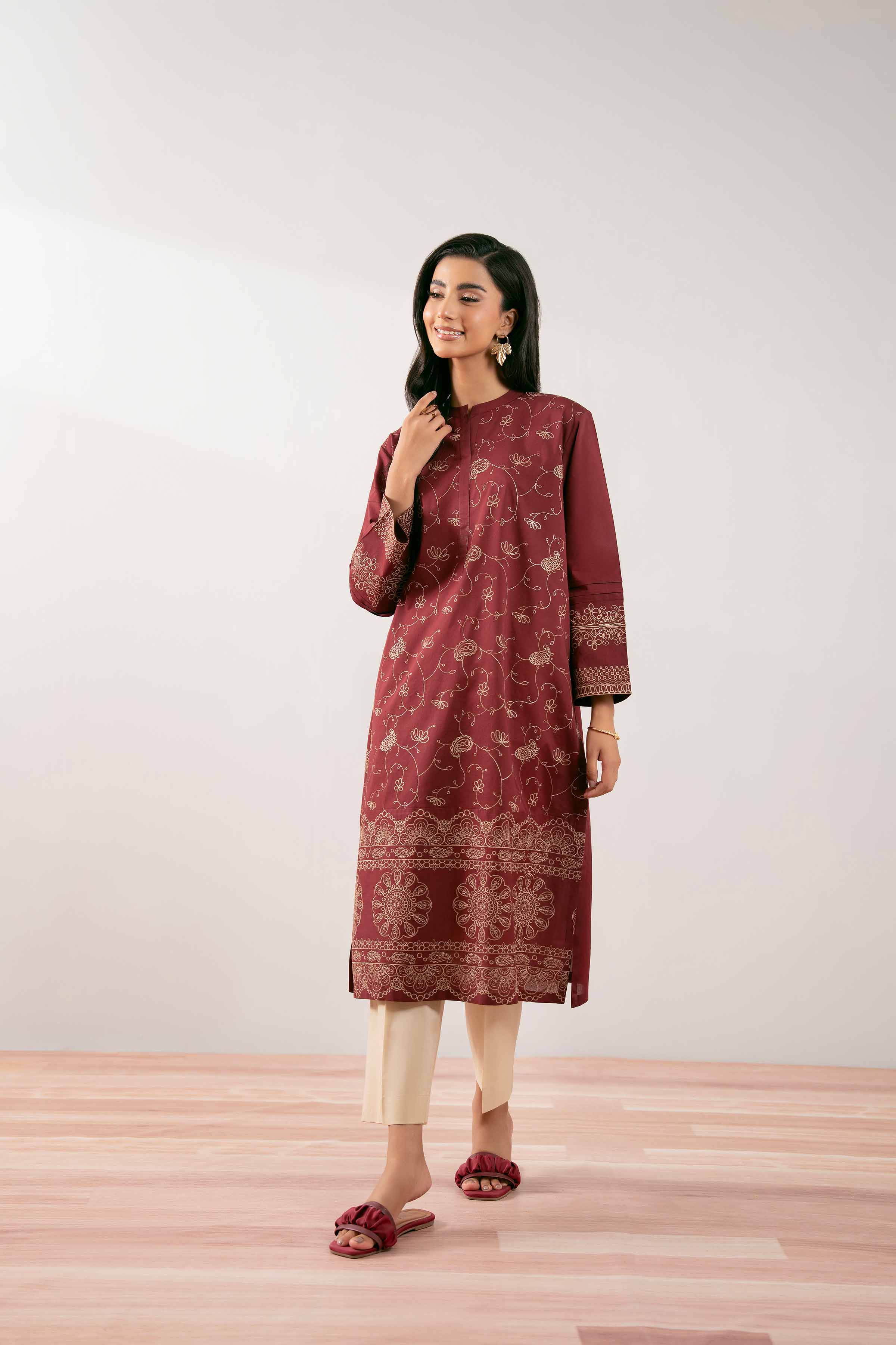 NISHATUAE - Red Embroidered Cambric Ready to wear Shirt