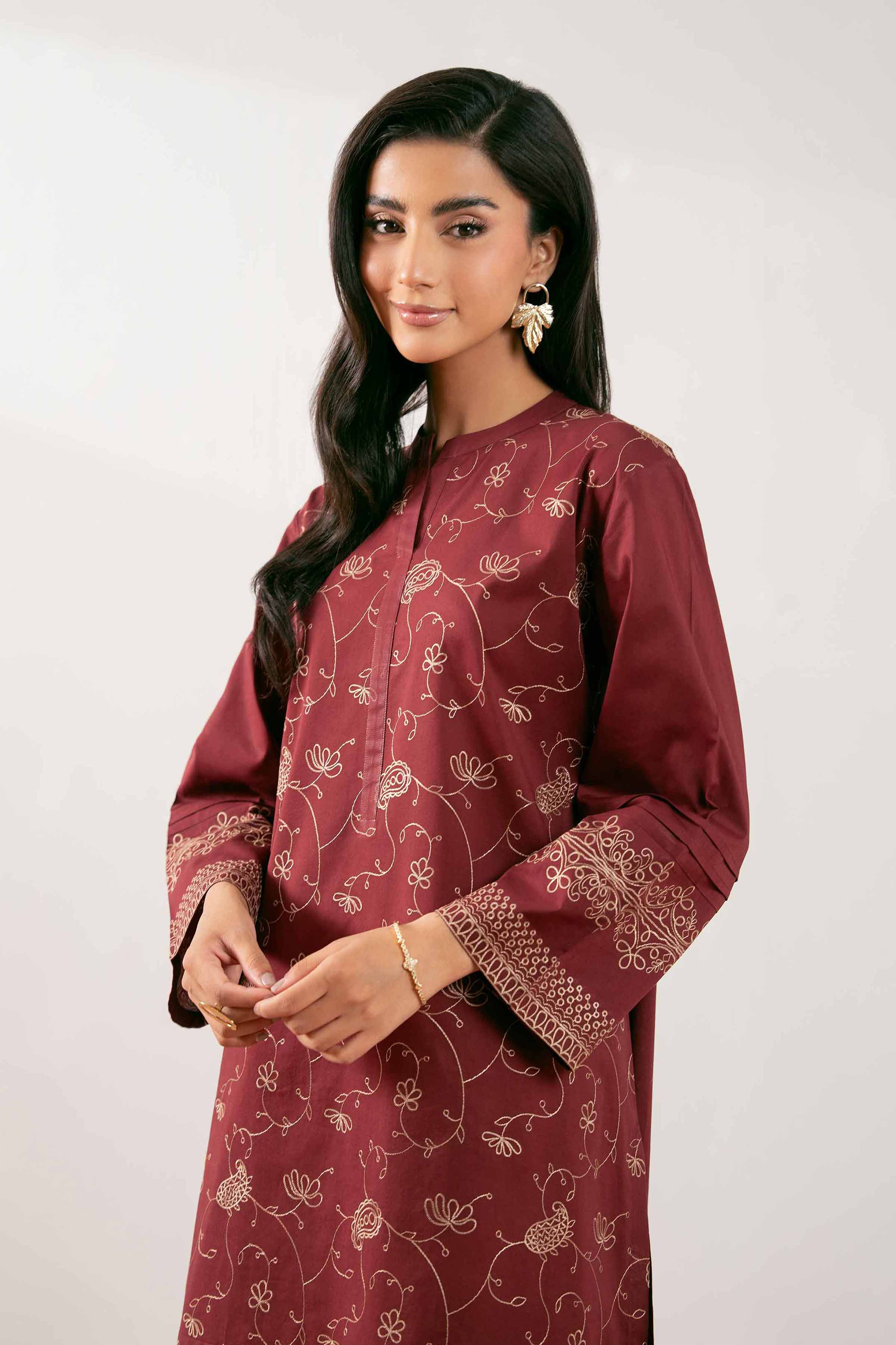 NISHATUAE - Red Embroidered Cambric Ready to wear Shirt