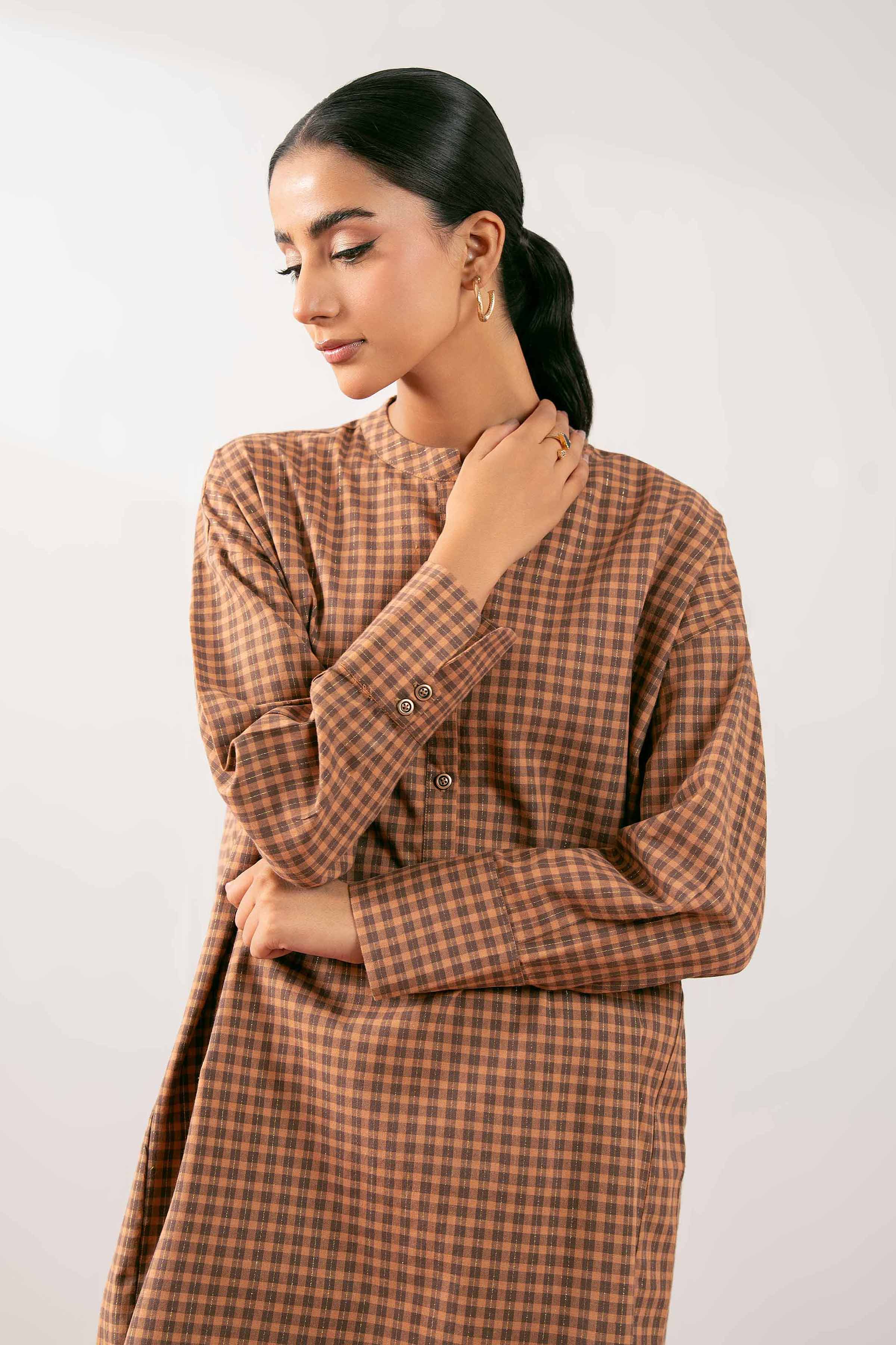 NISHATUAE - Brown Printed Yarn Dyed Ready to wear Kurta