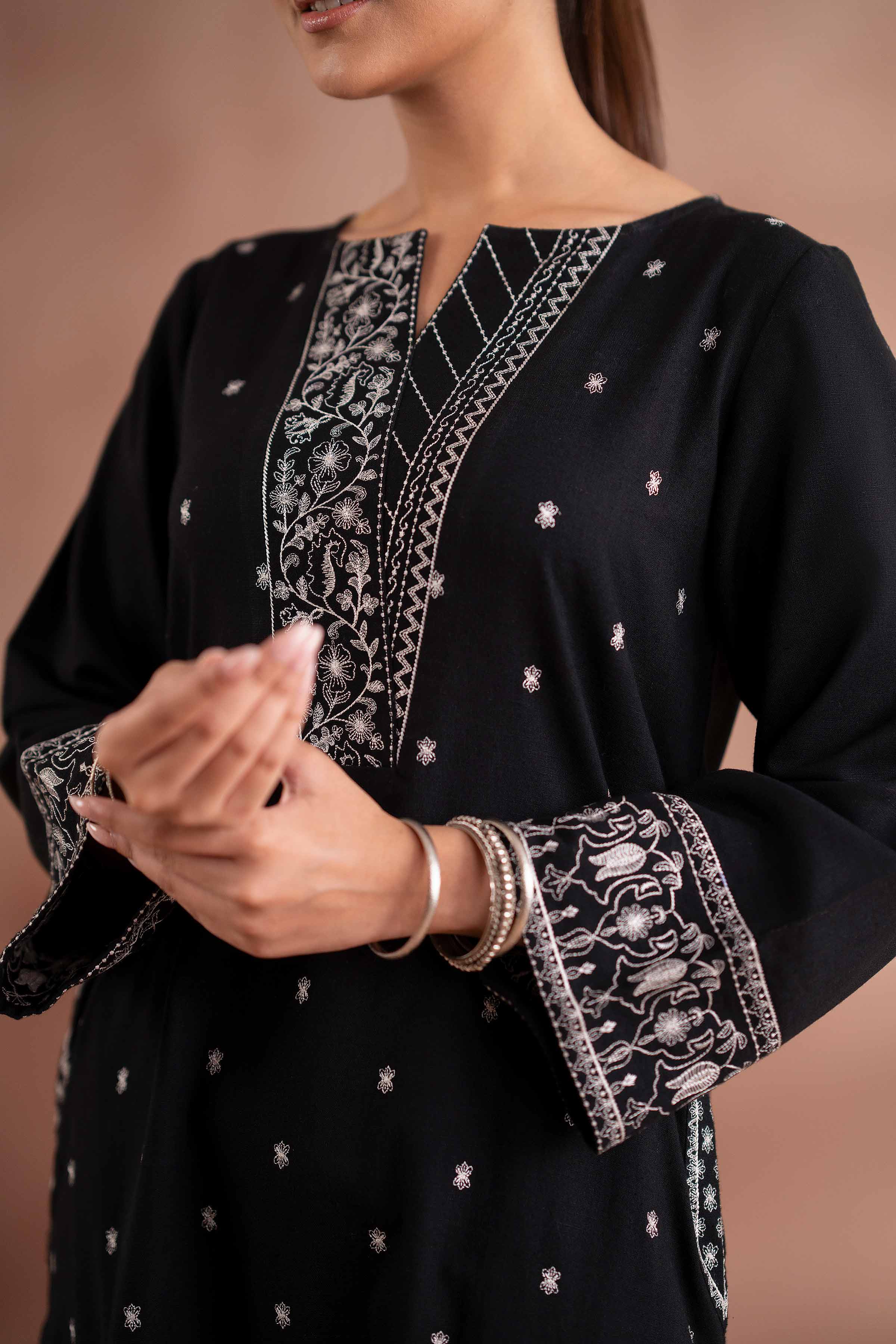 NISHATUAE - Black Embroidered Yarn Dyed Ready to wear Shirt