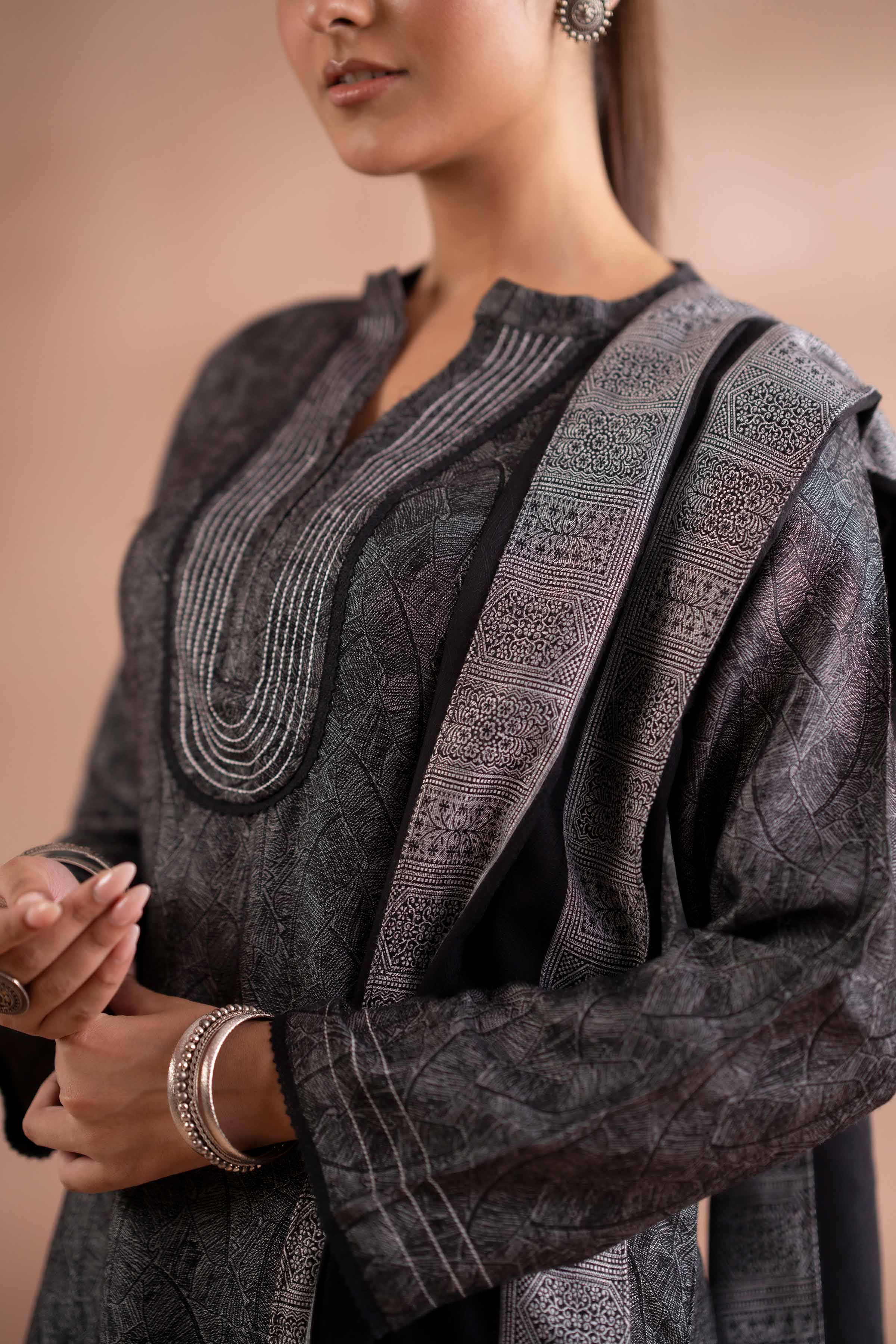 NISHATUAE - Grey Solids Jacquard 3-piece Ready to wear Suit