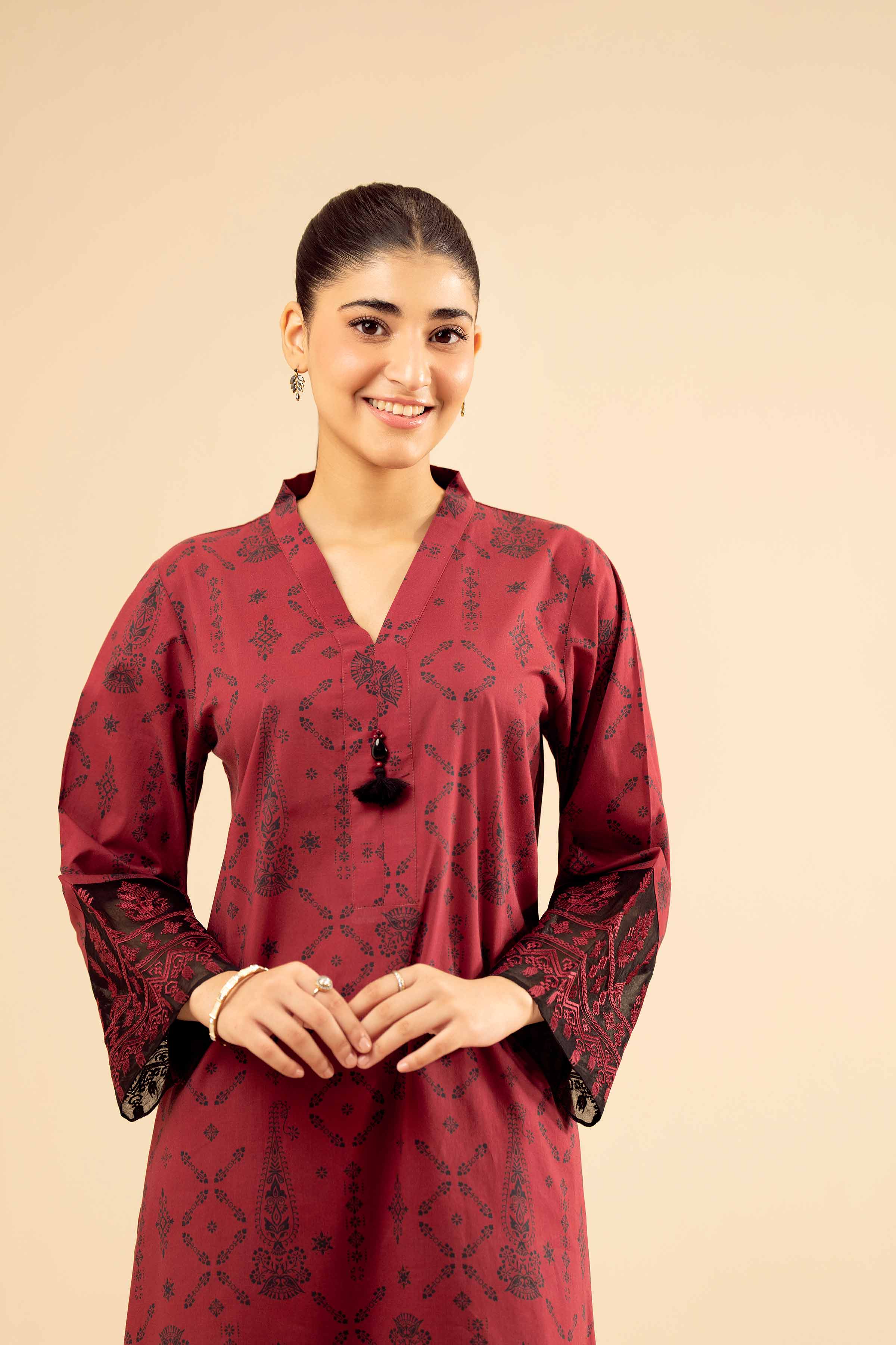 NISHATUAE - Maroon Embroidered Cambric 2-piece Ready to wear Dress