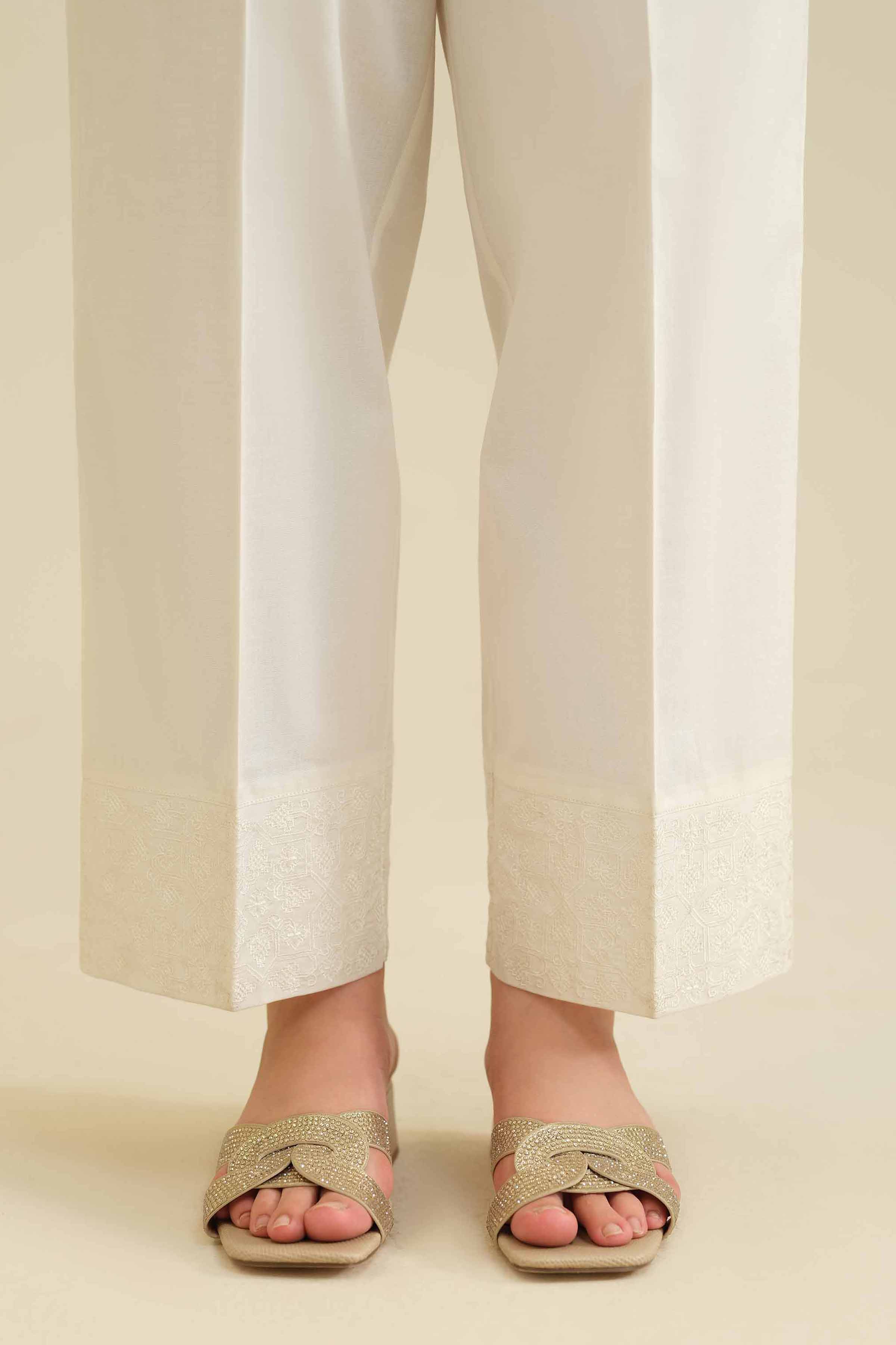 Buy White Embroidered Cambric Ready to wear Trousers