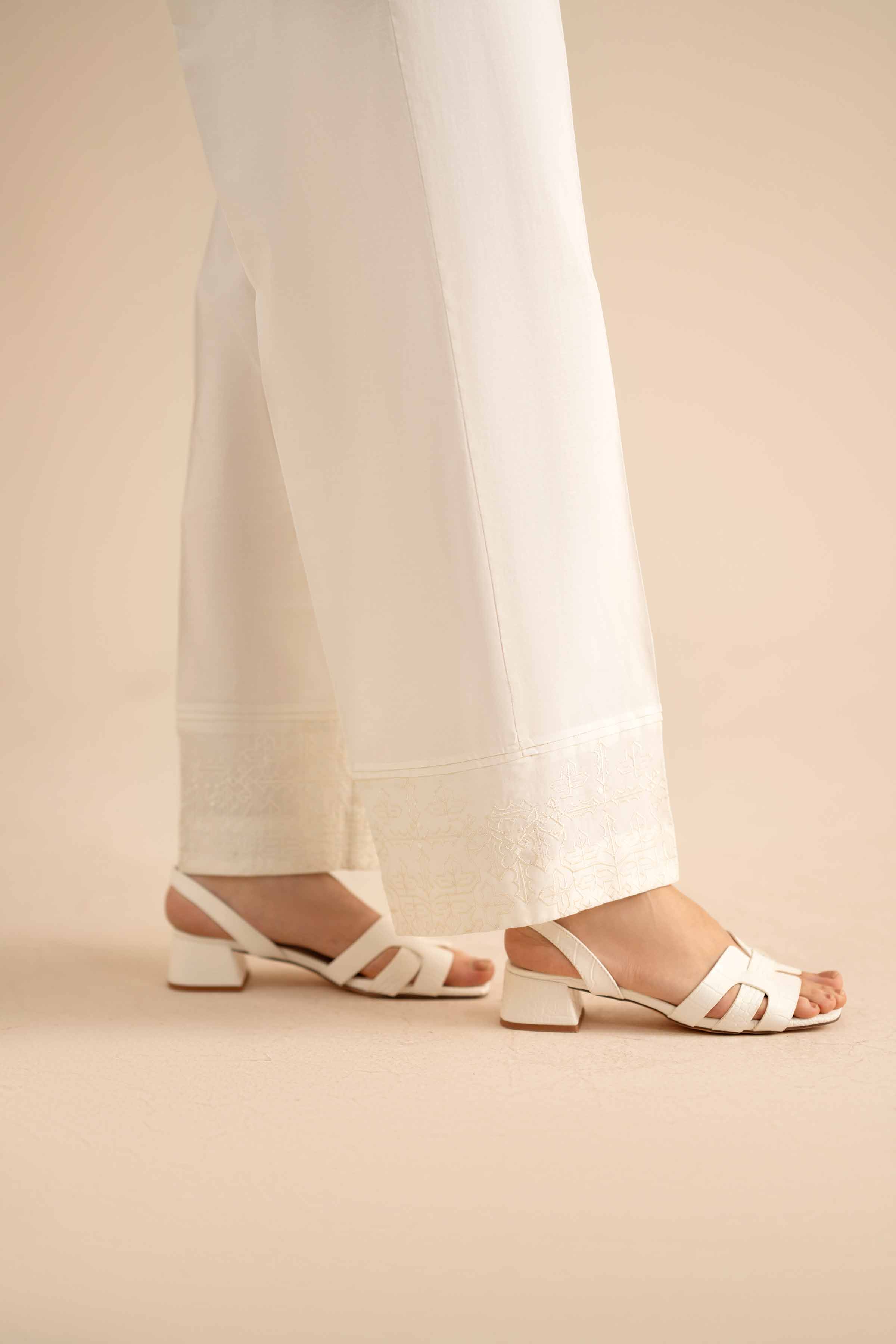 NISHATUAE - White Embroidered Karandi Ready to wear Trousers