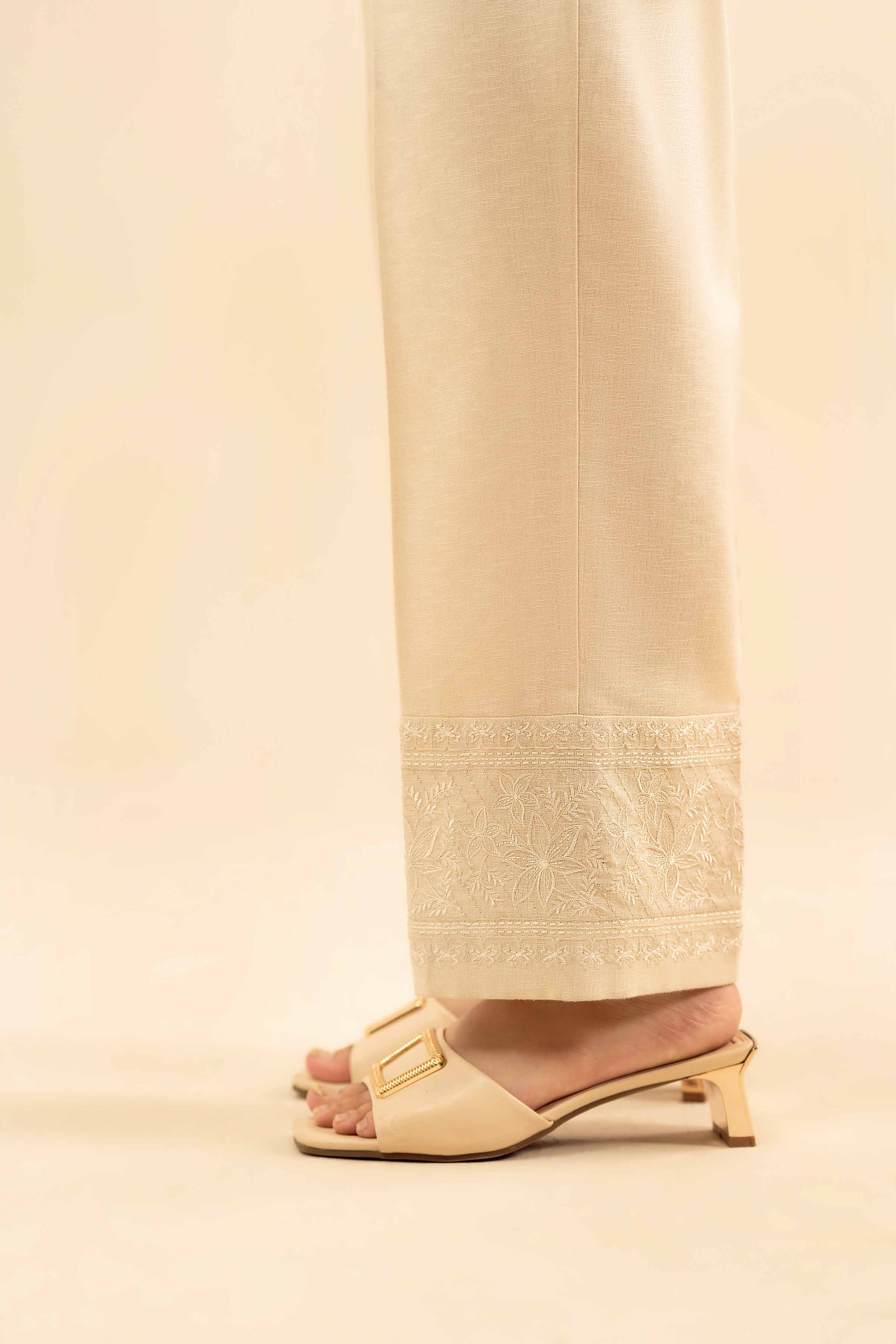 NISHATUAE - Off White Embroidered Karandi Ready to wear Trousers