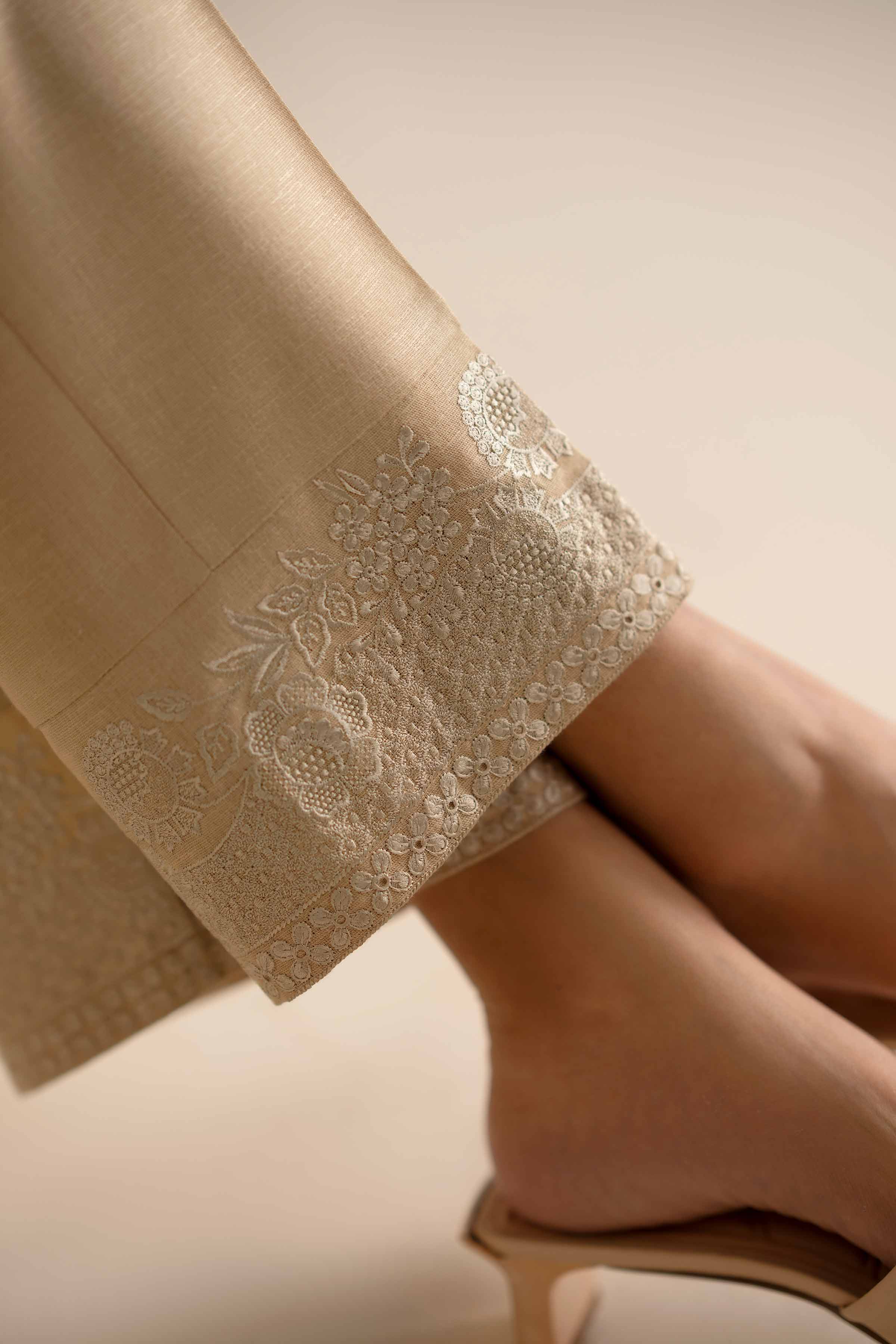 NISHATUAE - Beige Embroidered Karandi Ready to wear Trousers
