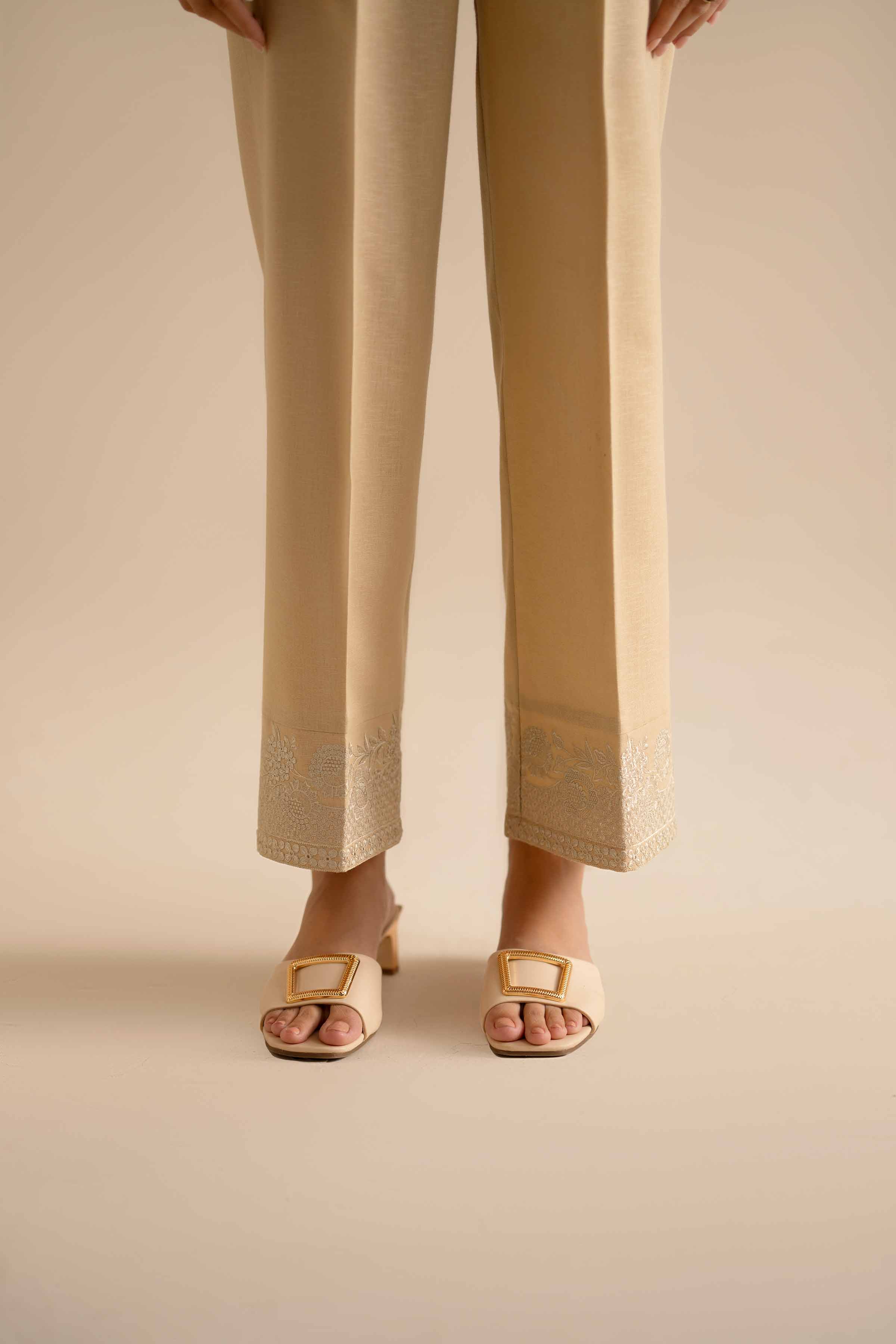 NISHATUAE - Beige Embroidered Karandi Ready to wear Trousers