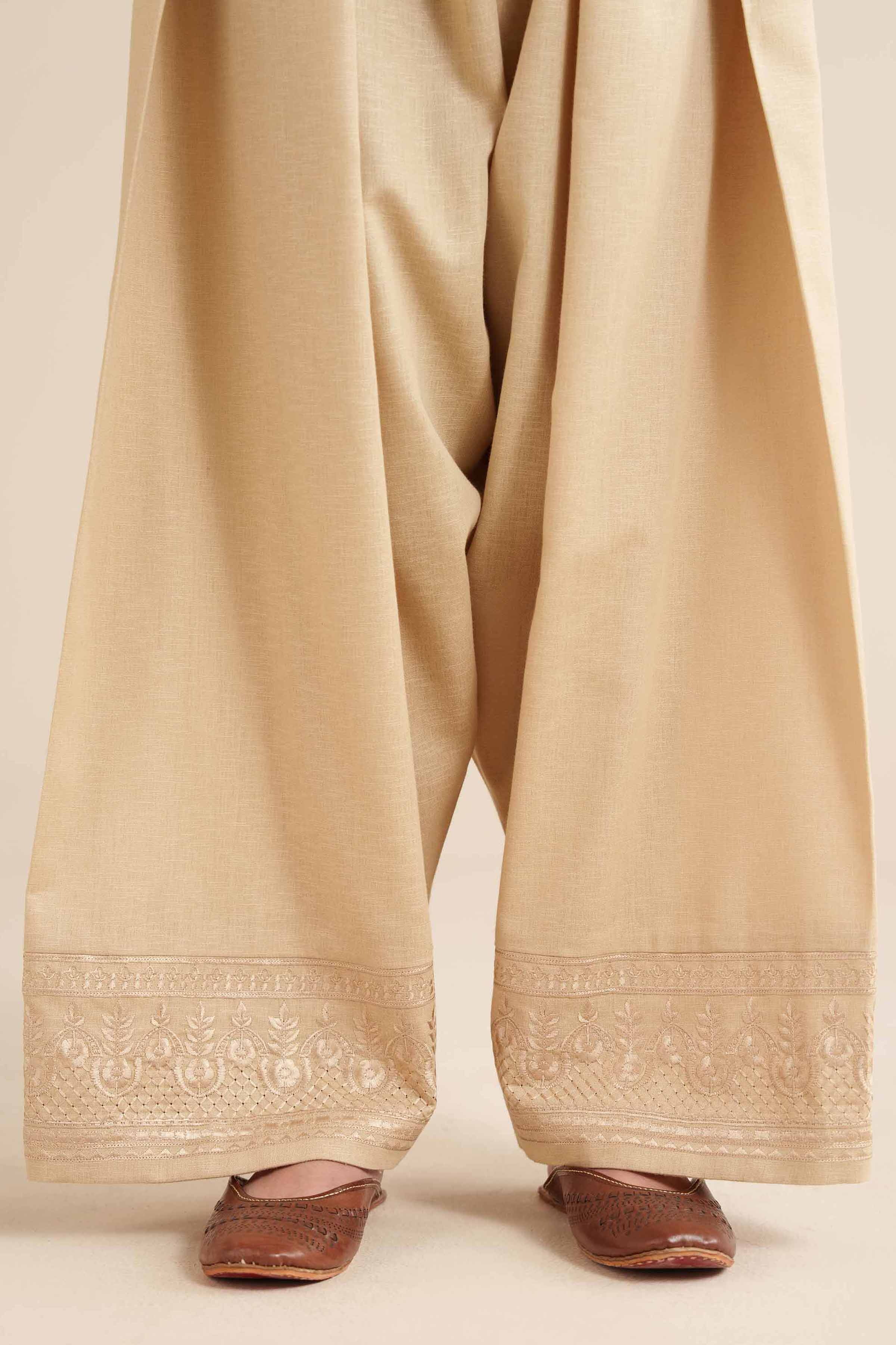 NISHATUAE - Beige Embroidered Karandi Ready to wear Shalwar