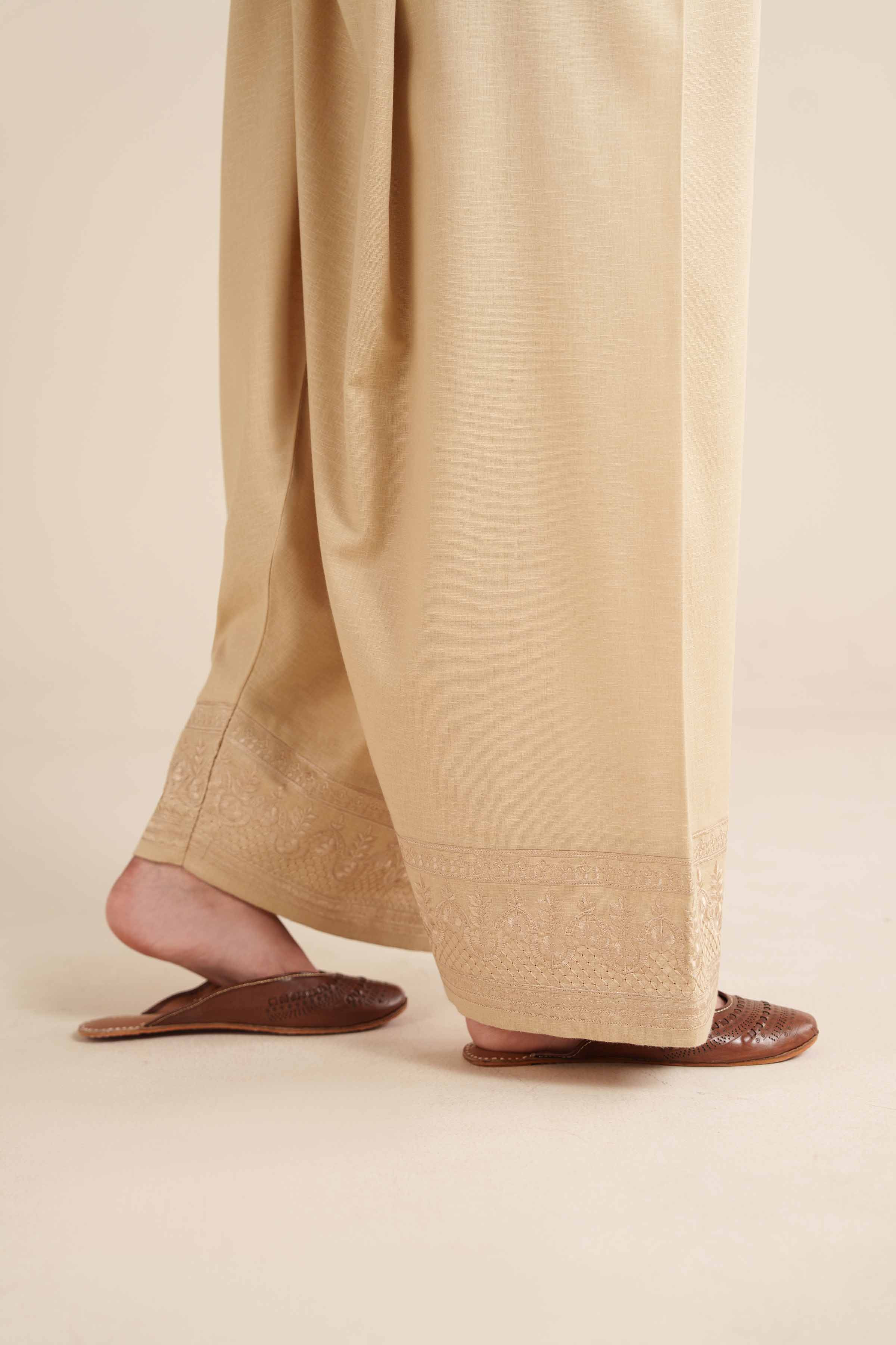 NISHATUAE - Beige Embroidered Karandi Ready to wear Shalwar