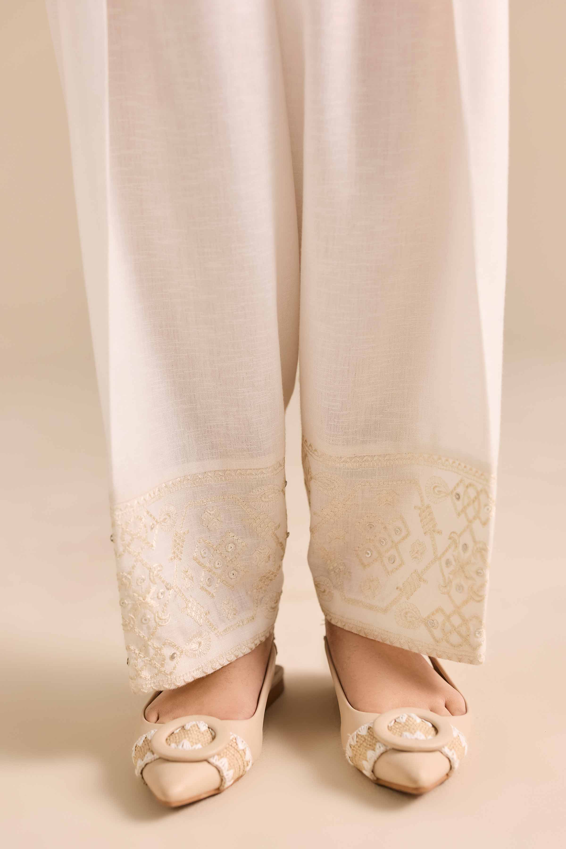 NISHATUAE - White Embroidered Karandi Ready to wear Shalwar