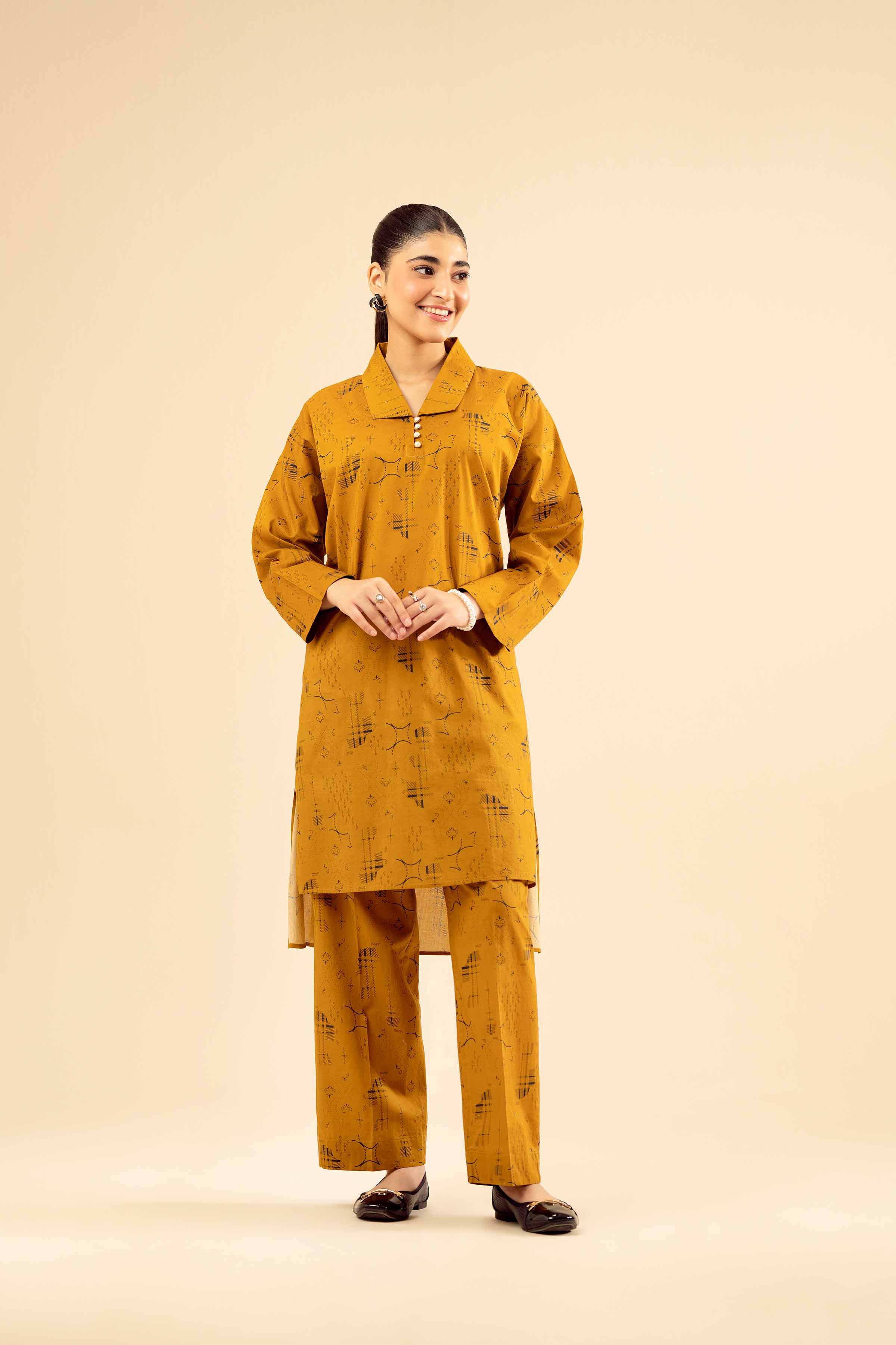 NISHATUAE - Mustard Printed Cambric 2-piece Ready to wear Dress