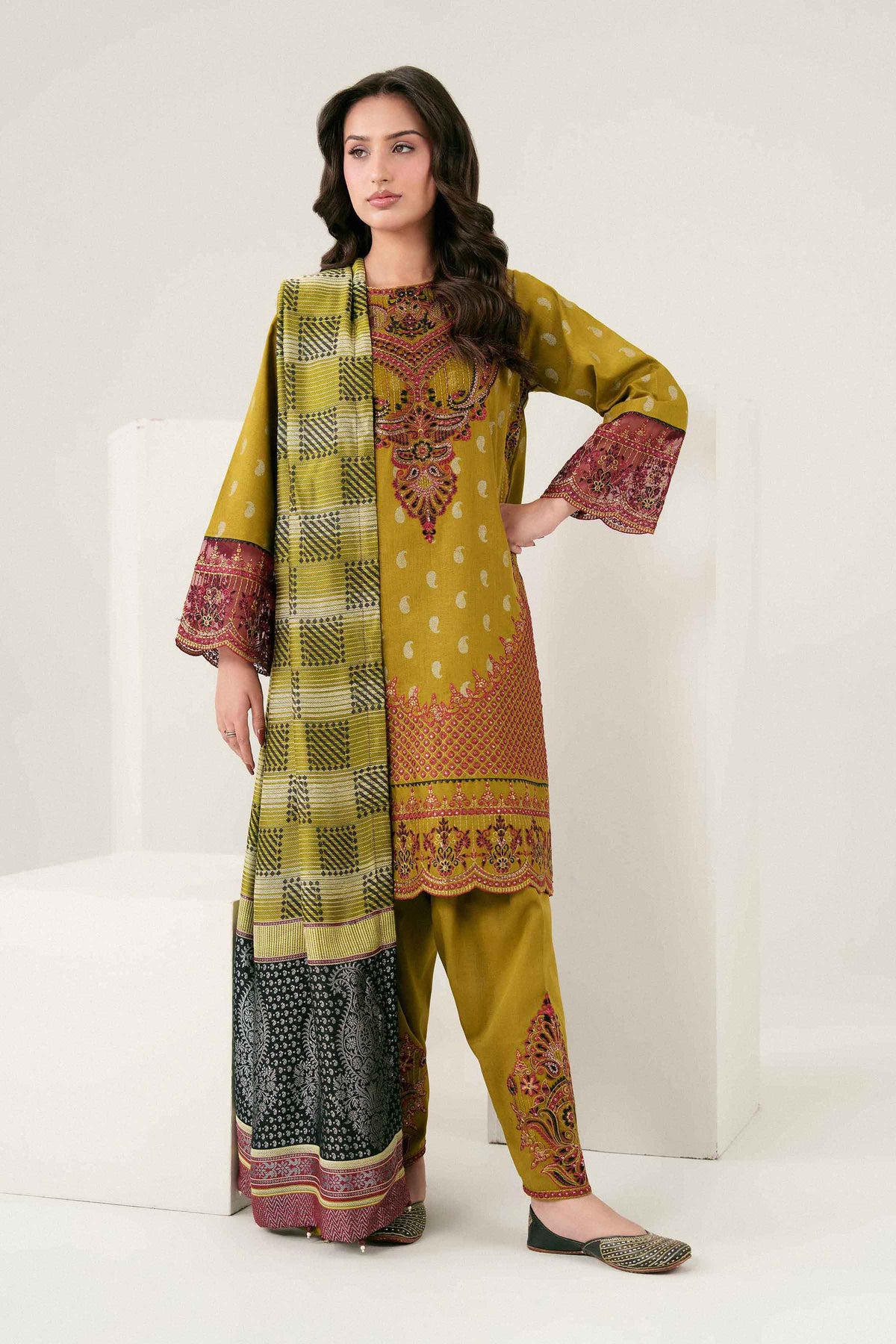 Green 3-Piece Printed Embroidered Suit in Karandi ready-to-wear