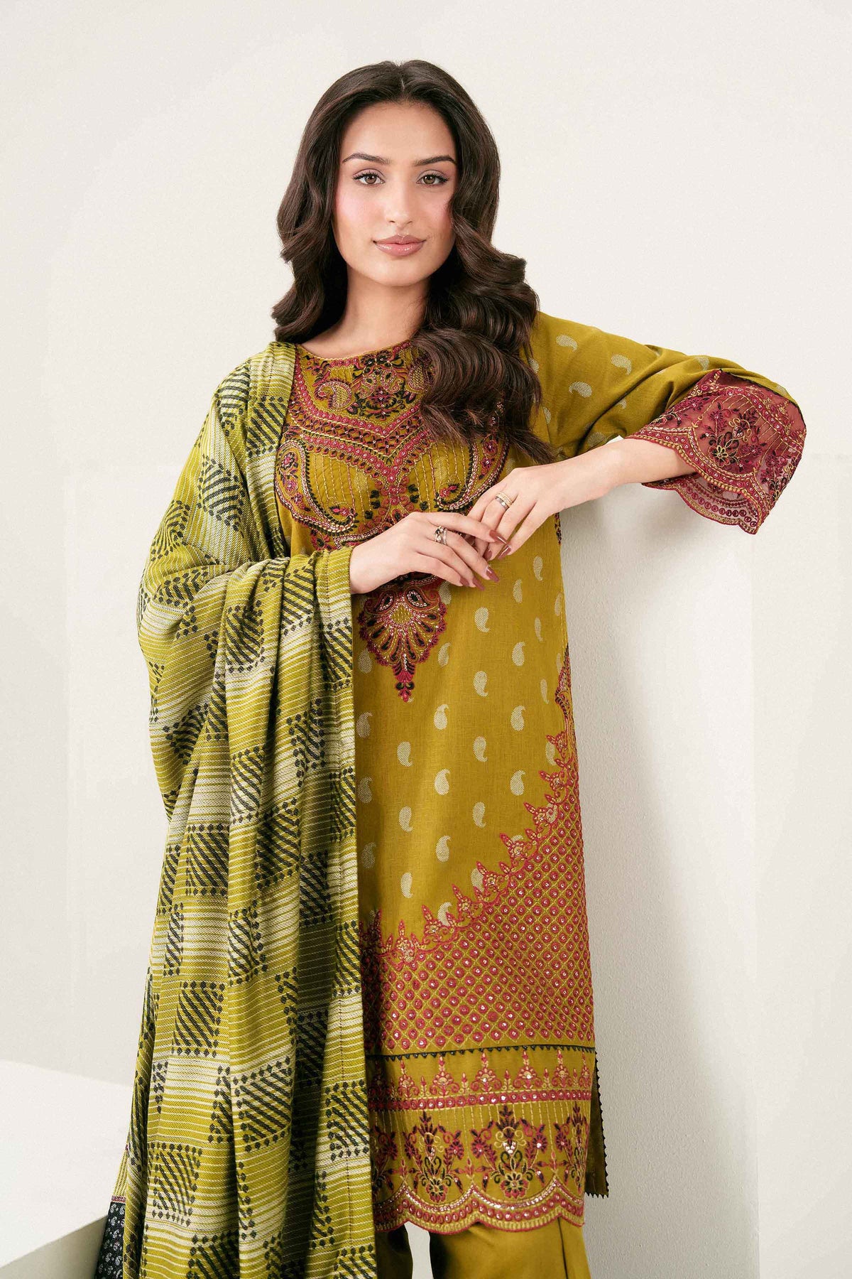Green 3-Piece Printed Embroidered Suit in Karandi ready-to-wear