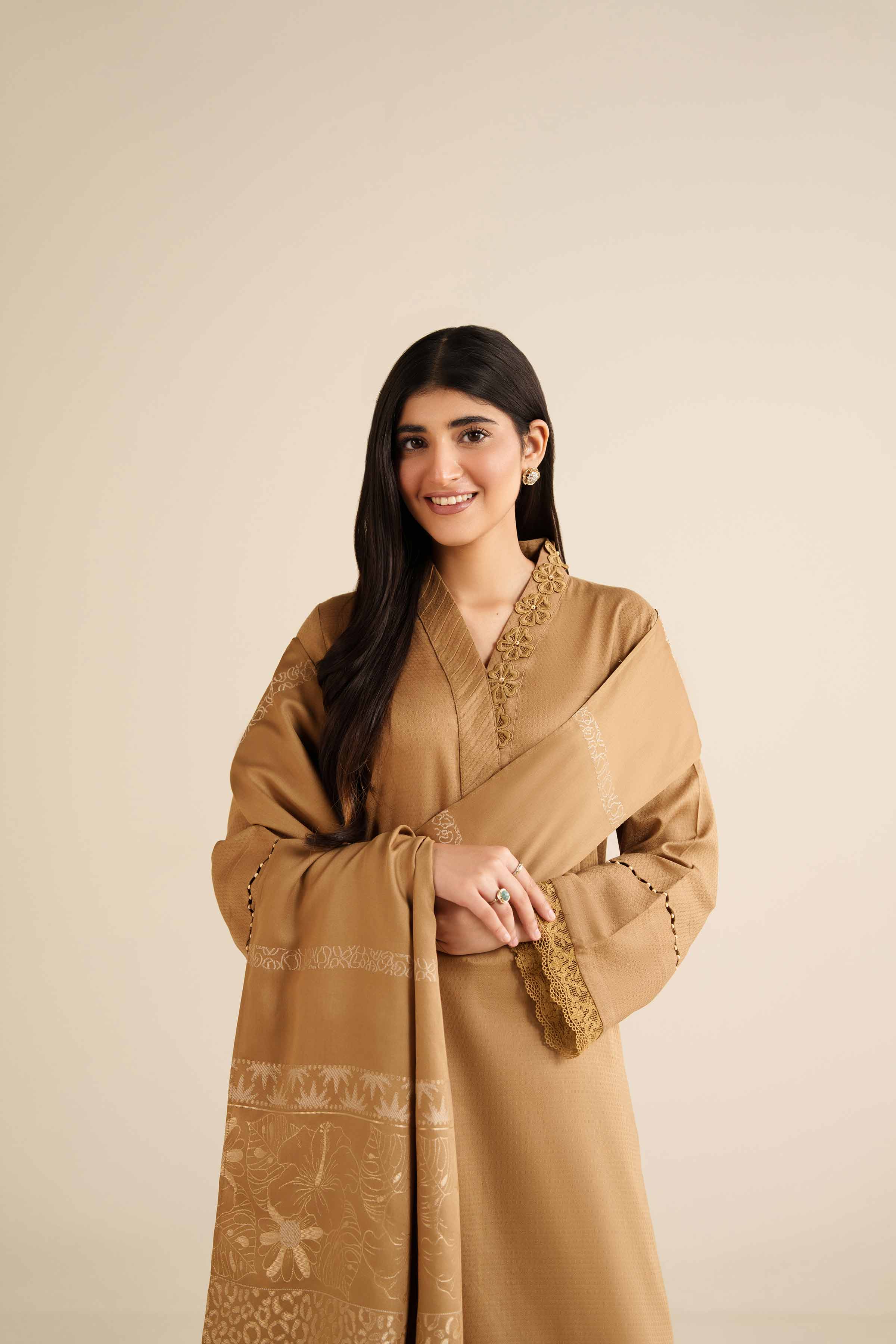 NISHATUAE - Brown Solids Dobby 3-piece Ready to wear Suit