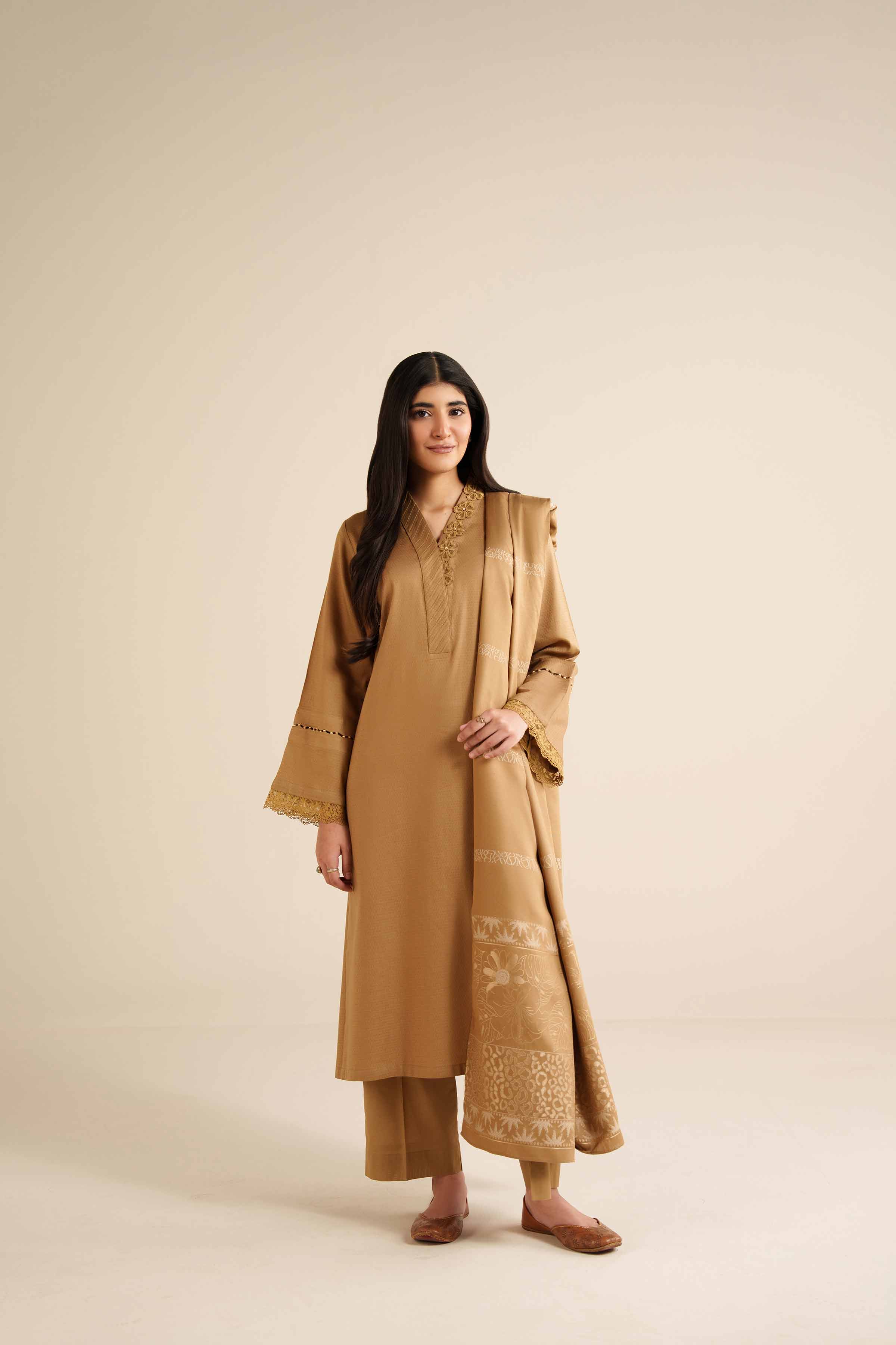 NISHATUAE - Brown Solids Dobby 3-piece Ready to wear Suit