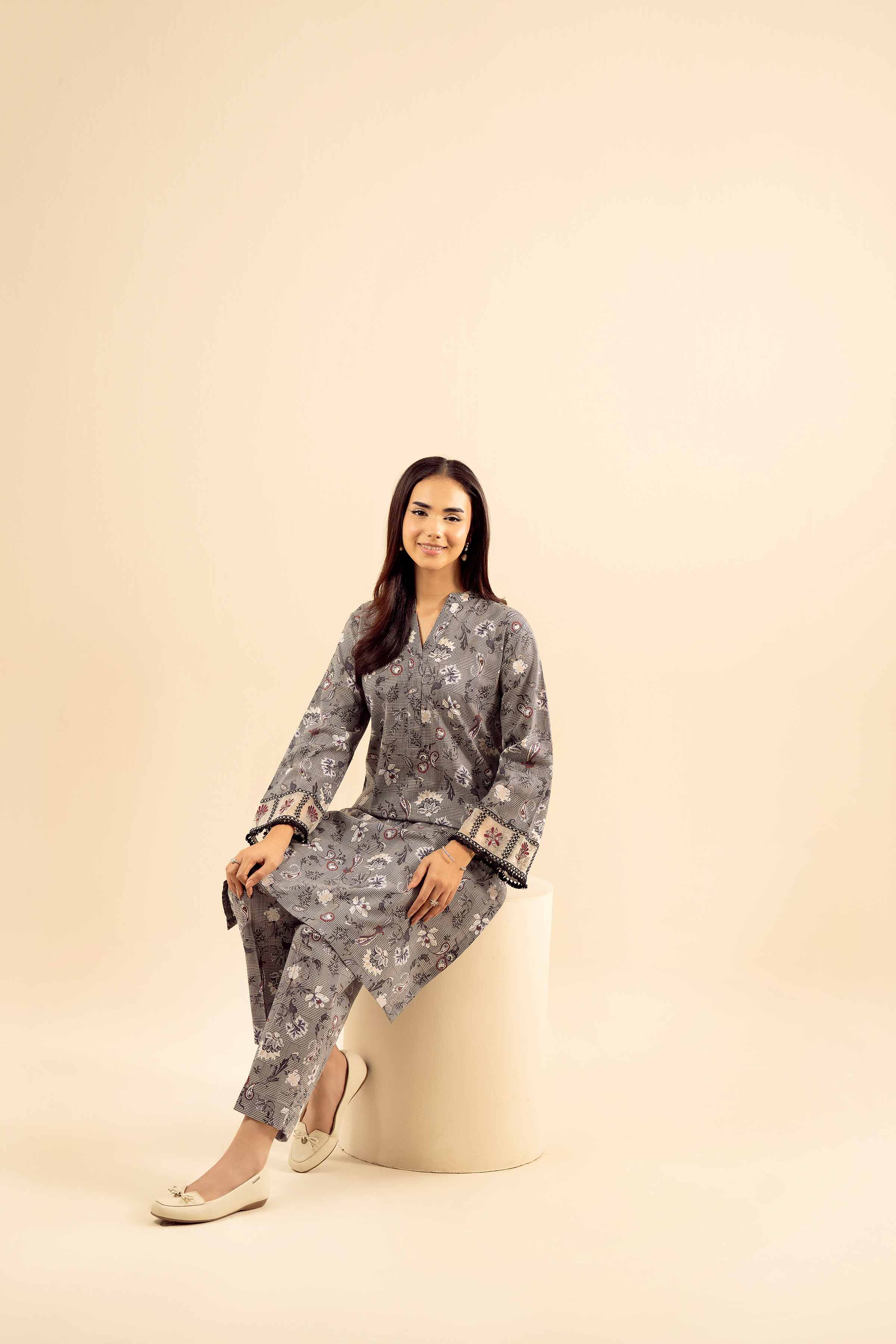 NISHATUAE - Grey Embroidered Cambric 2-piece Ready to wear Dress