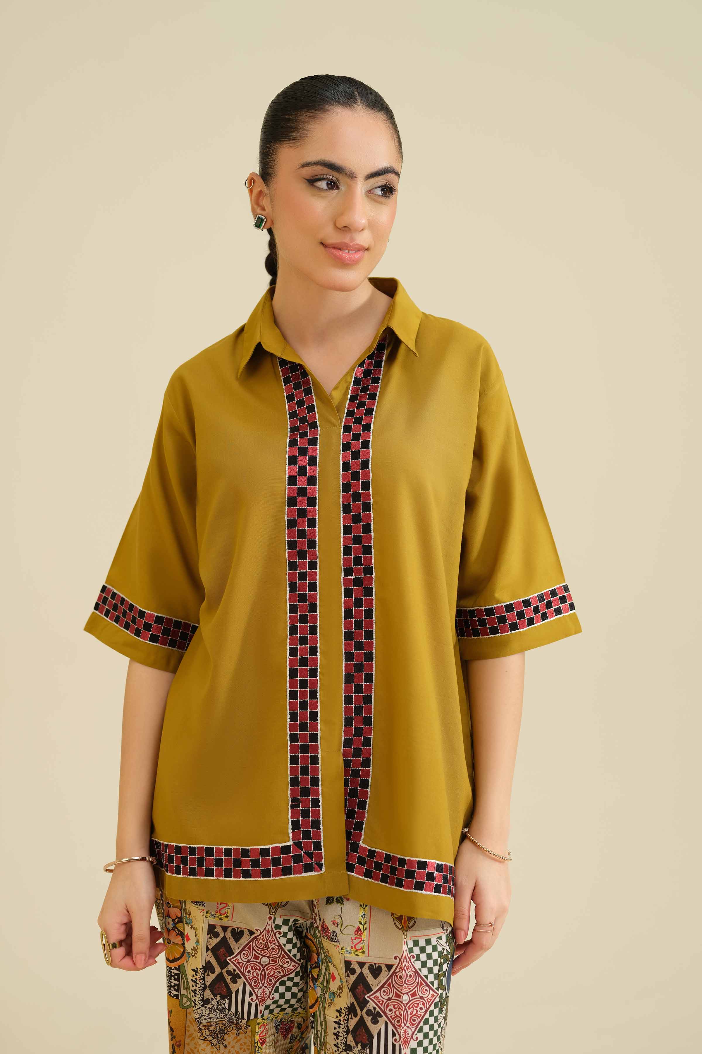 NISHATUAE - Mustard Embroidered Tropical 2-piece Ready to wear Dress