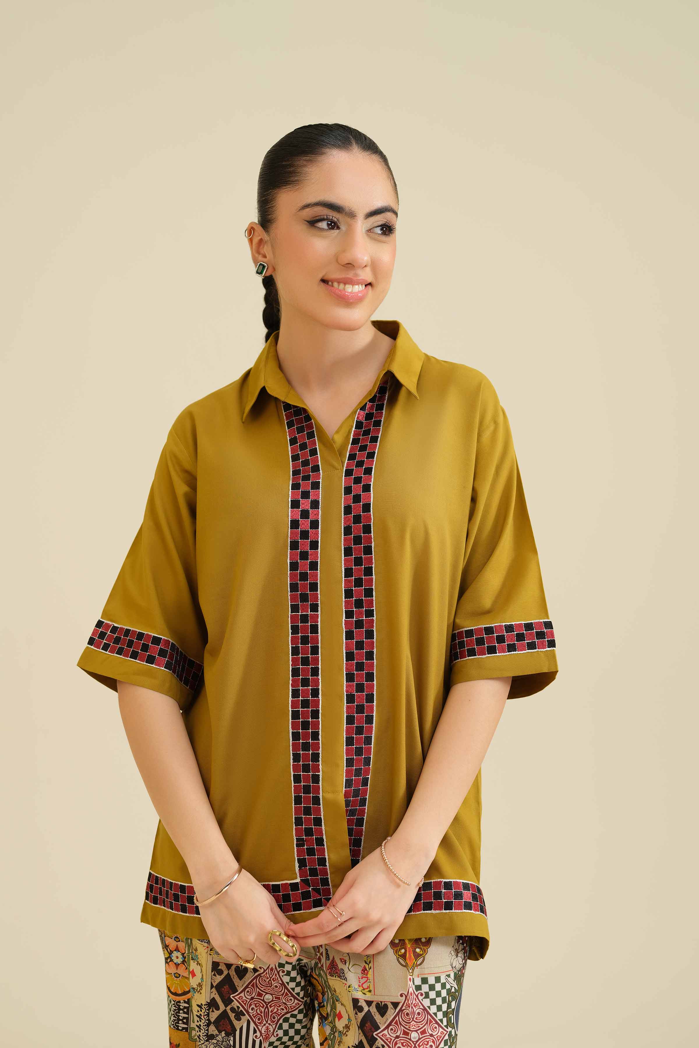 NISHATUAE - Mustard Embroidered Tropical 2-piece Ready to wear Dress