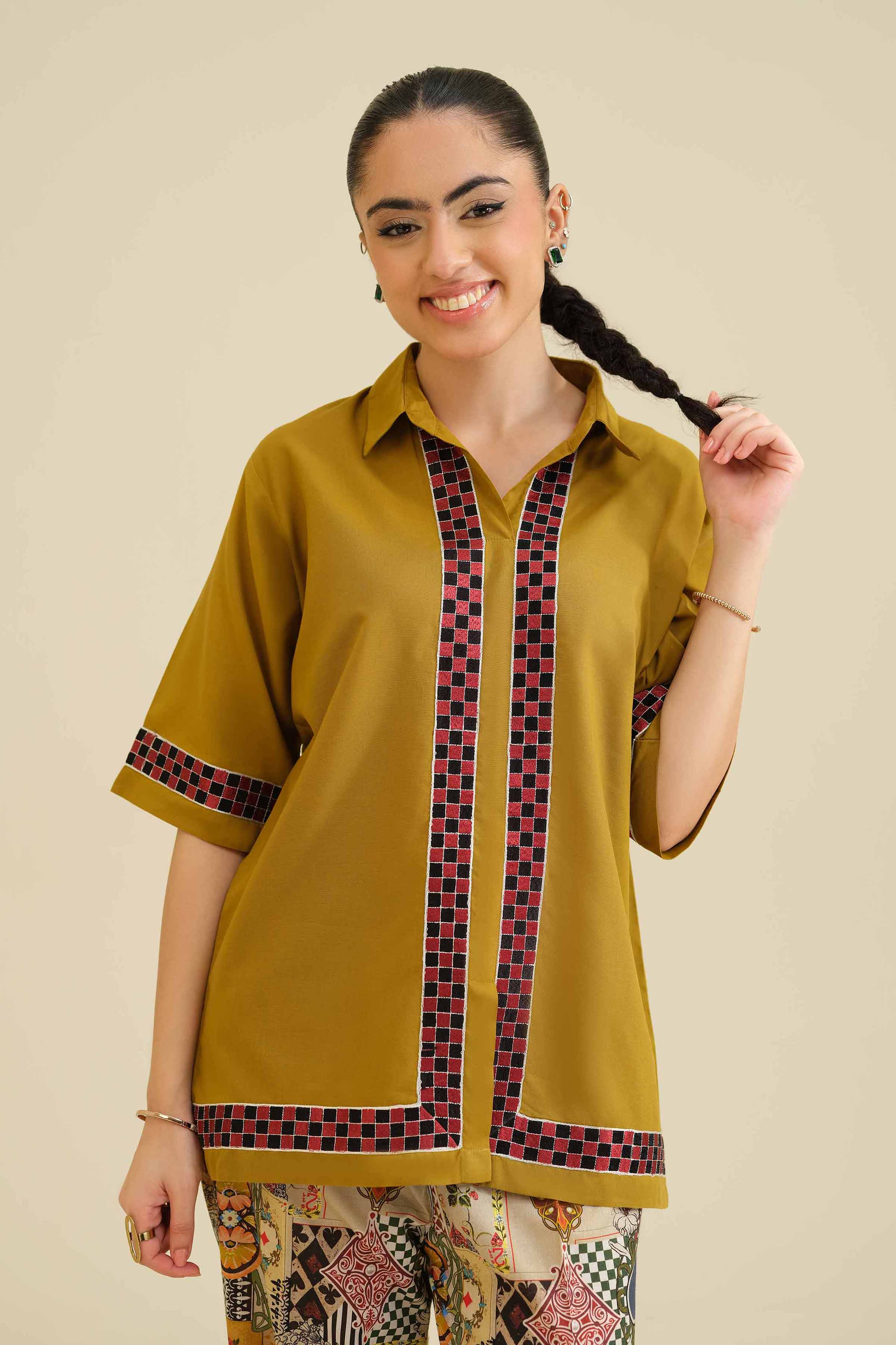 NISHATUAE - Mustard Embroidered Tropical 2-piece Ready to wear Dress