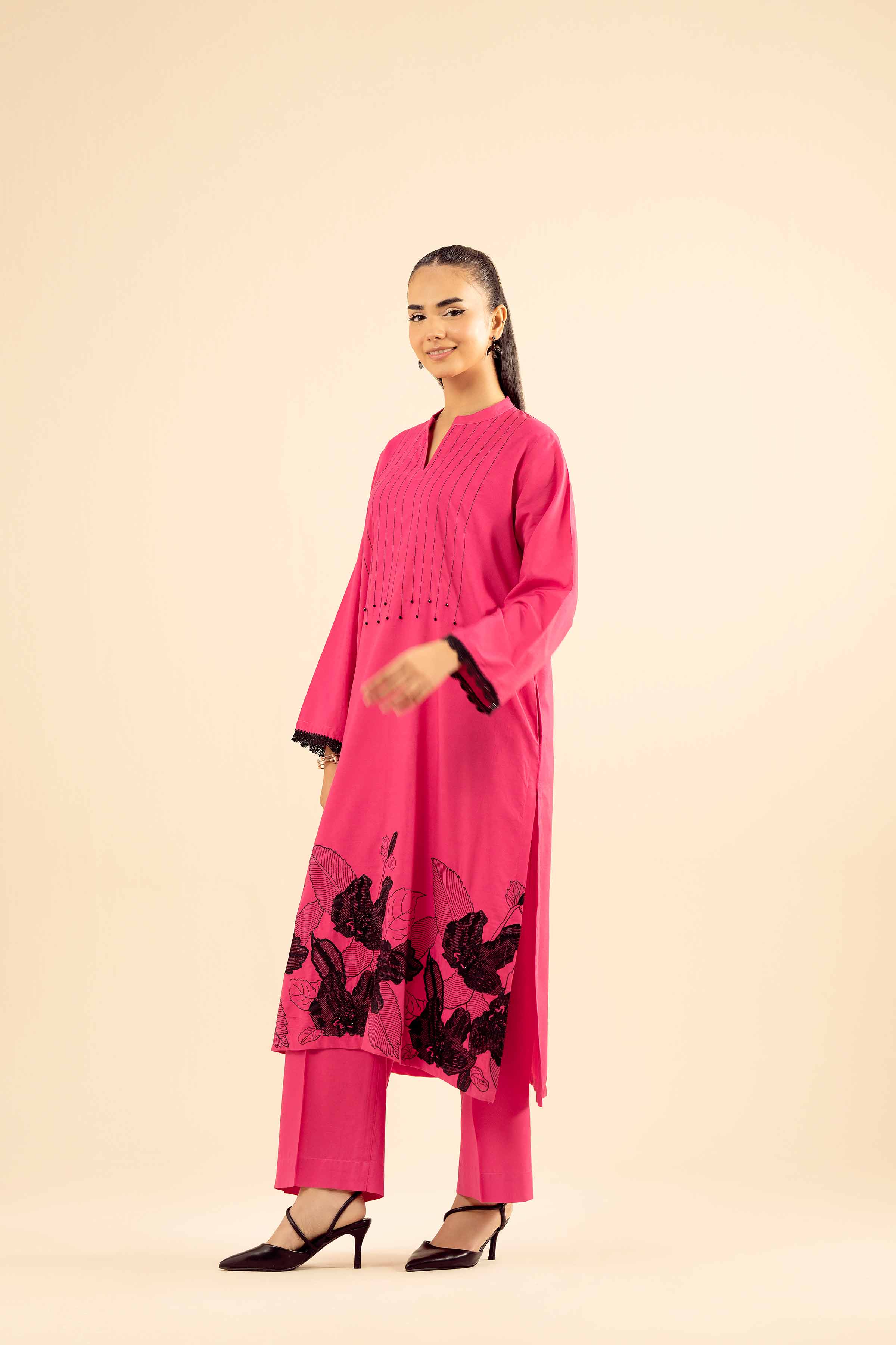NISHATUAE - Pink Embroidered Tropical 2-piece Ready to wear Dress